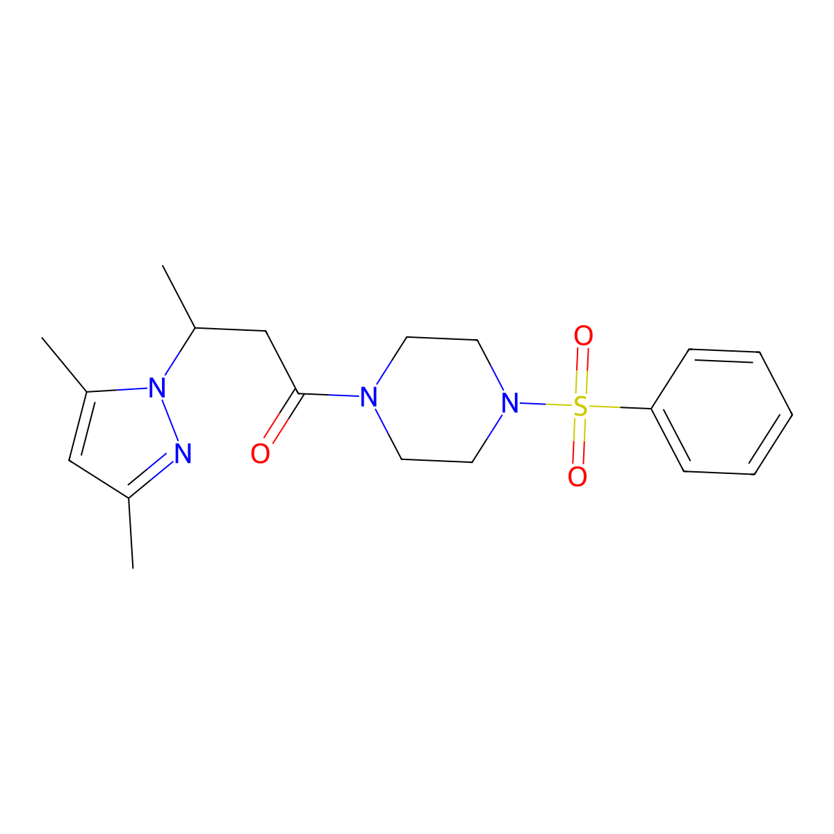 3-(3,5-dimethyl-1H-pyrazol-1-yl)-1-(4-(phenylsulfonyl)piperazin-1-yl)butan-1-one molecular structure, CAS 1015845-22-3