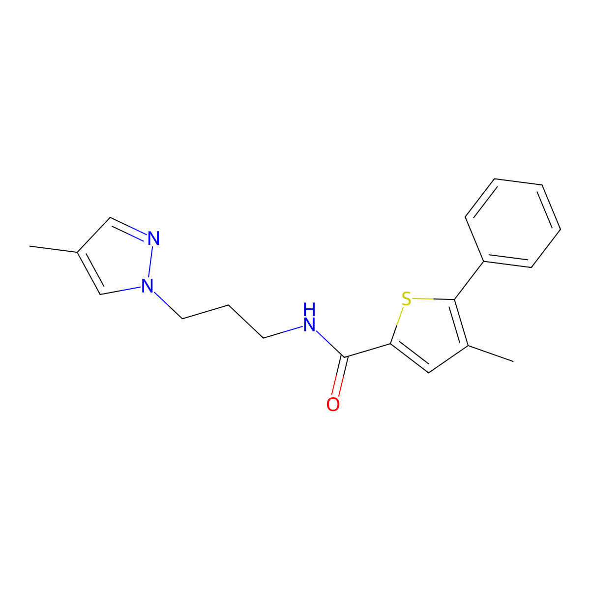 4-methyl-N-[3-(4-methylpyrazol-1-yl)propyl]-5-phenylthiophene-2-carboxamide molecular structure, CAS 1015845-97-2