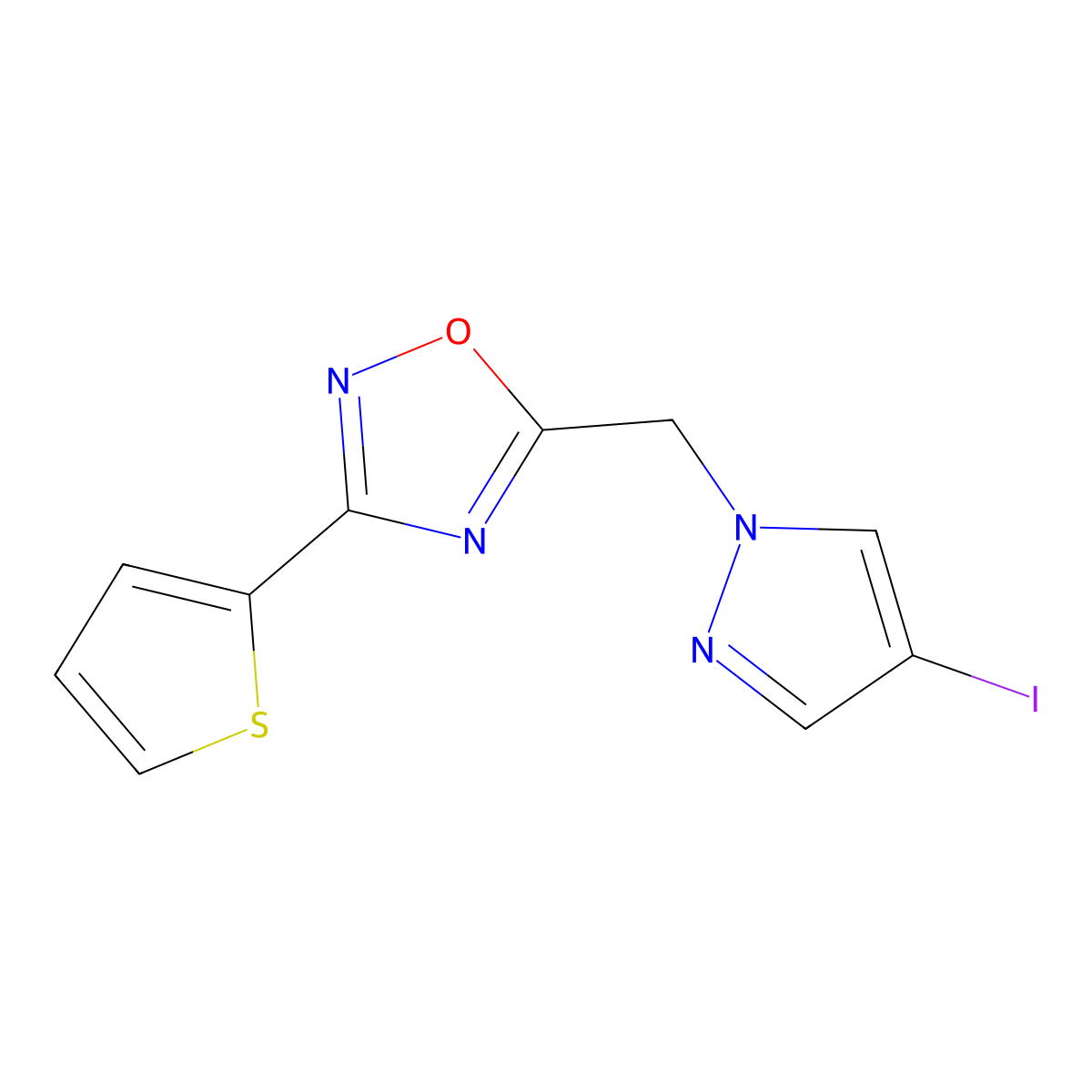 5-[(4-Iodo-1H-pyrazol-1-yl)methyl]-3-(2-thienyl)-1,2,4-oxadiazole molecular structure, CAS 1015846-13-5