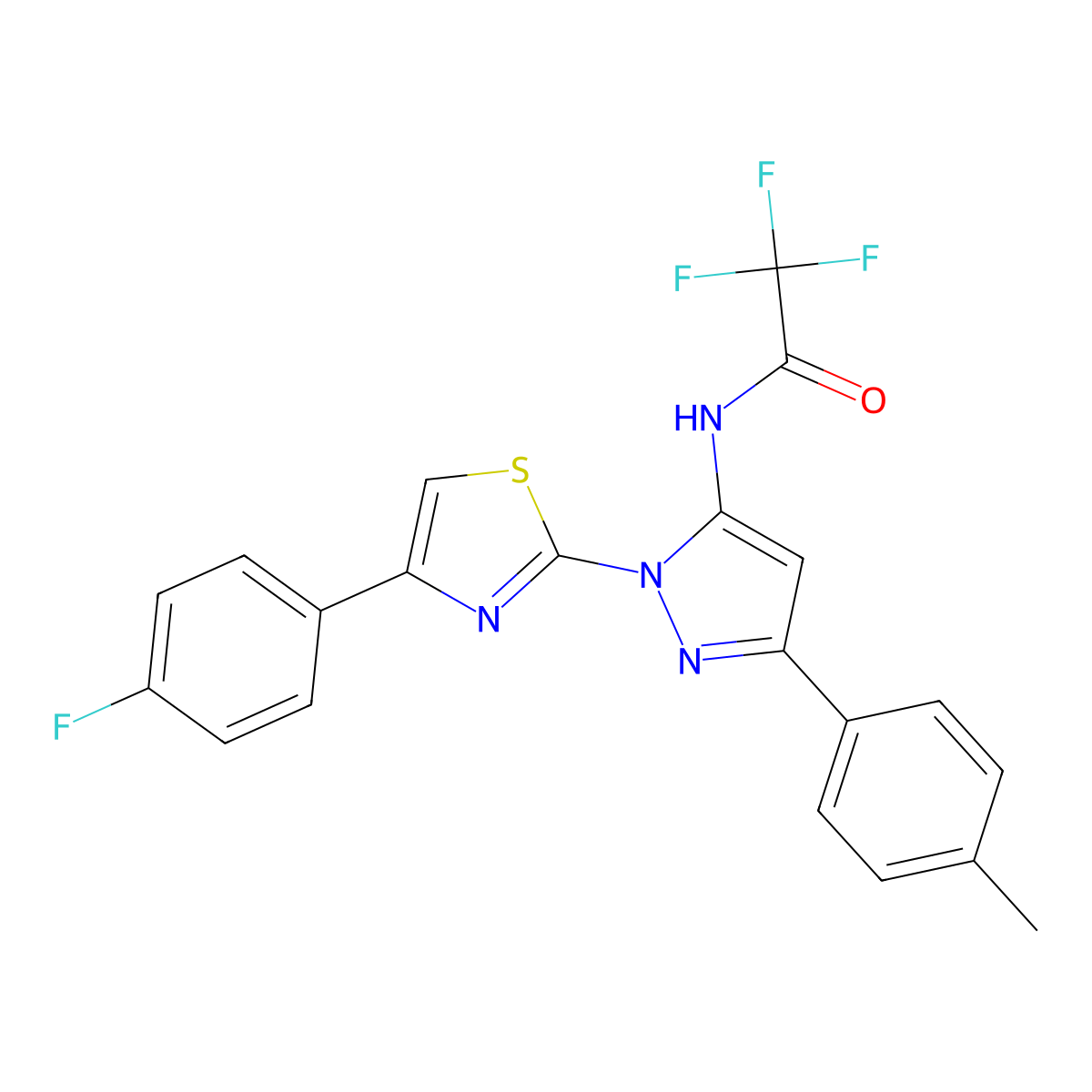 2,2,2-trifluoro-N-{1-[4-(4-fluorophenyl)-1,3-thiazol-2-yl]-3-(4-methylphenyl)-1H-pyrazol-5-yl}acetamide molecular structure, CAS 1015856-17-3