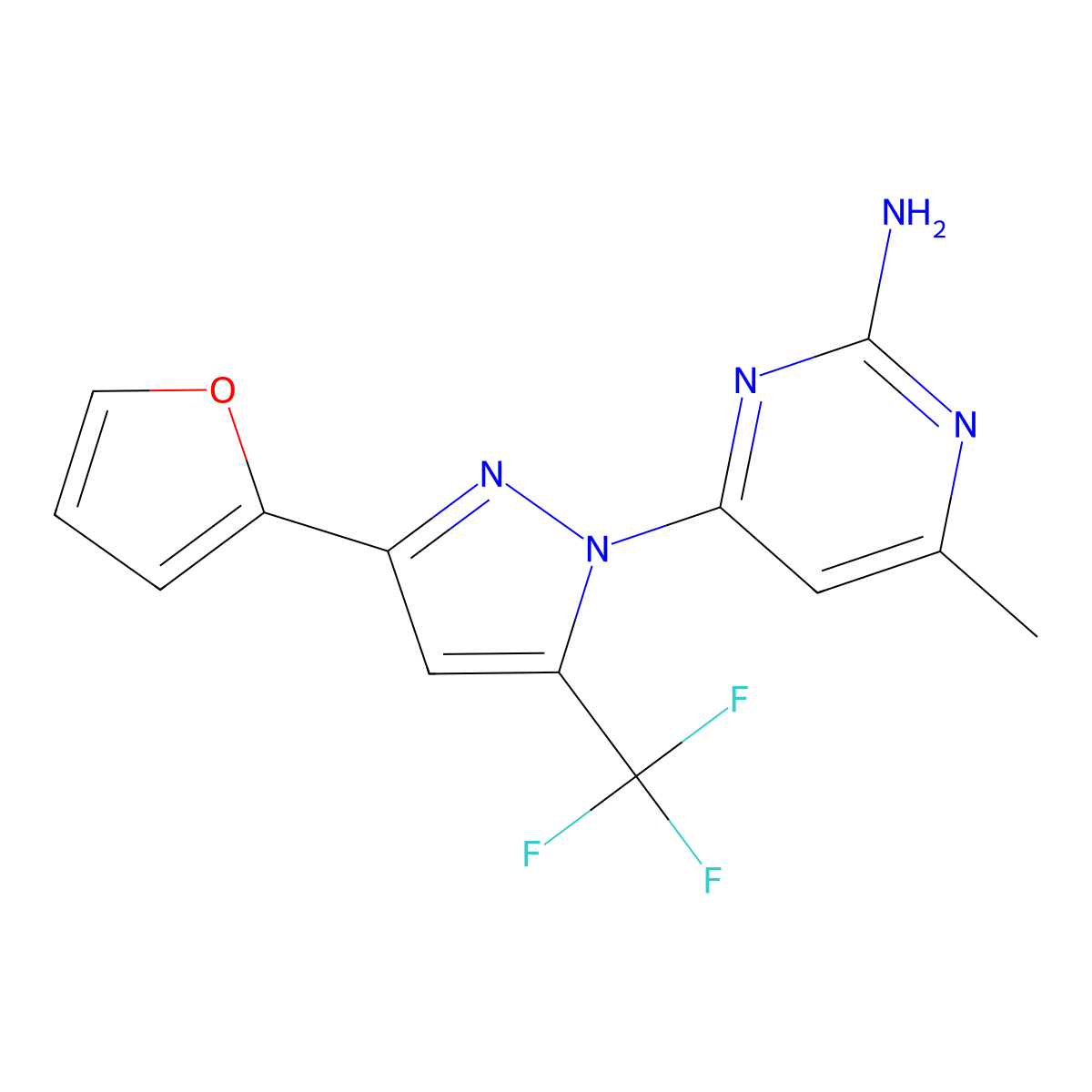 4-[3-(furan-2-yl)-5-(trifluoromethyl)-1H-pyrazol-1-yl]-6-methylpyrimidin-2-amine molecular structure, CAS 1015856-36-6