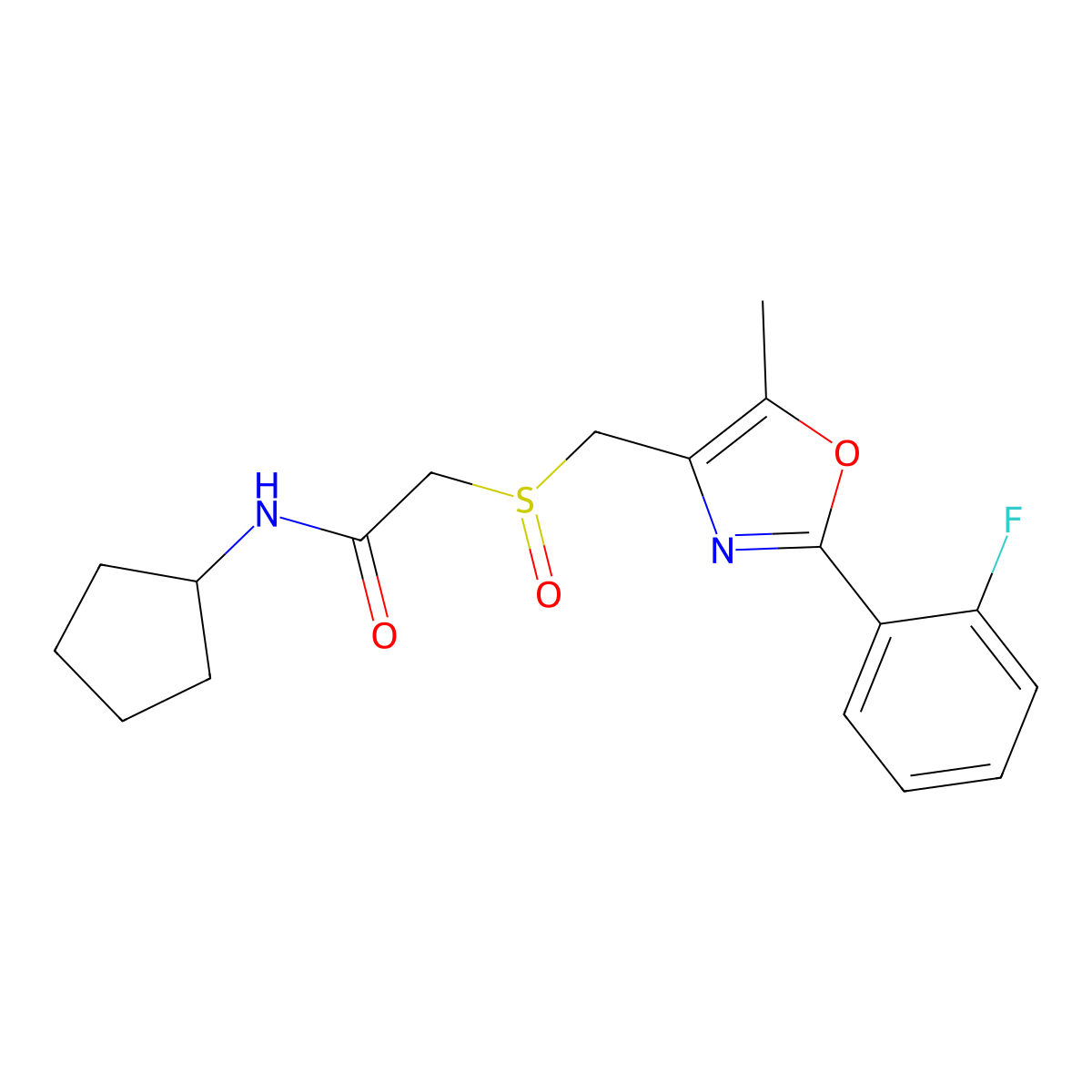 N-Cyclopentyl-2-(((2-(2-fluorophenyl)-5-methyloxazol-4-yl)methyl)sulfinyl)acetamide molecular structure, CAS 1015857-83-6