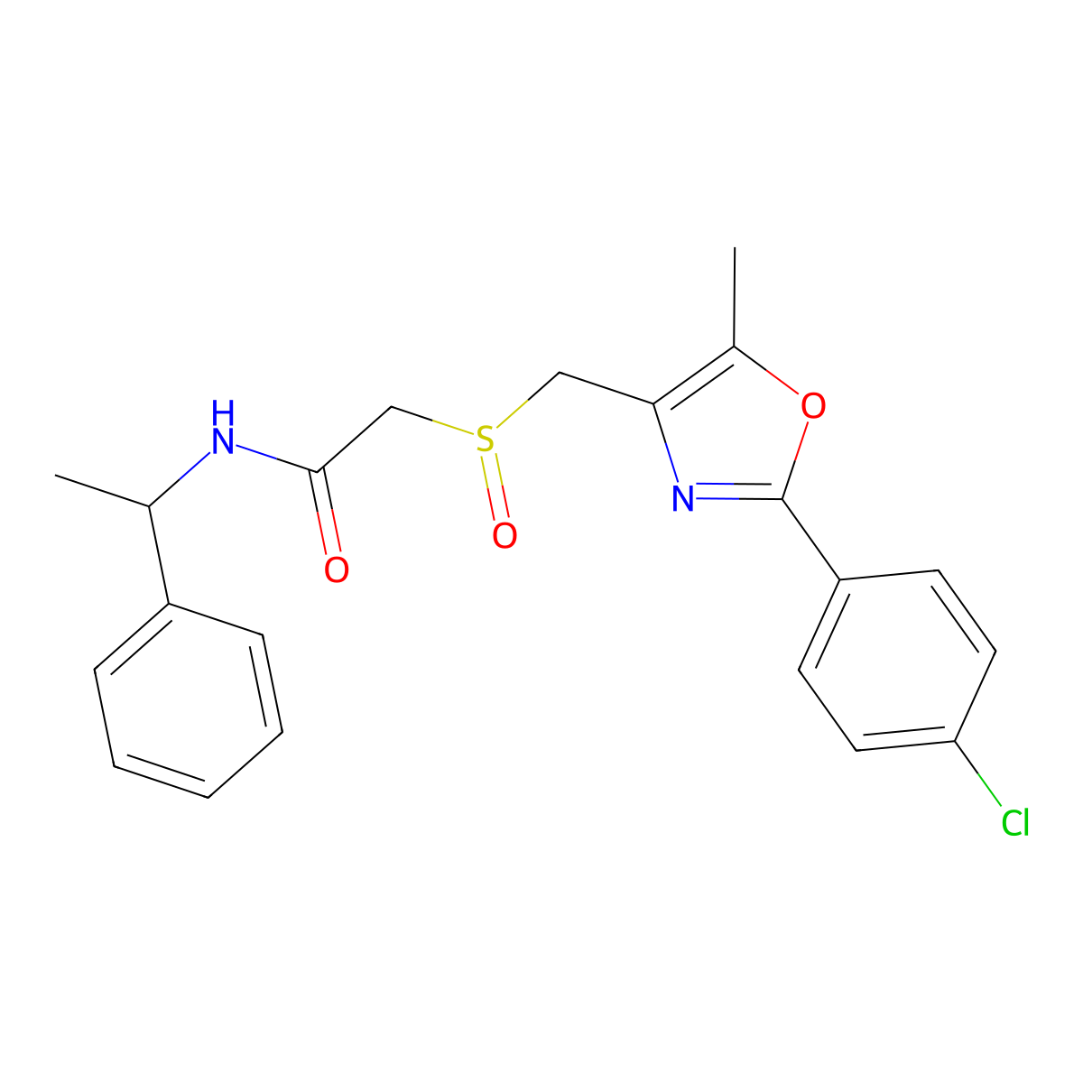 2-(((2-(4-Chlorophenyl)-5-methyloxazol-4-yl)methyl)sulfinyl)-N-(1-phenylethyl)acetamide molecular structure, CAS 1015858-87-3