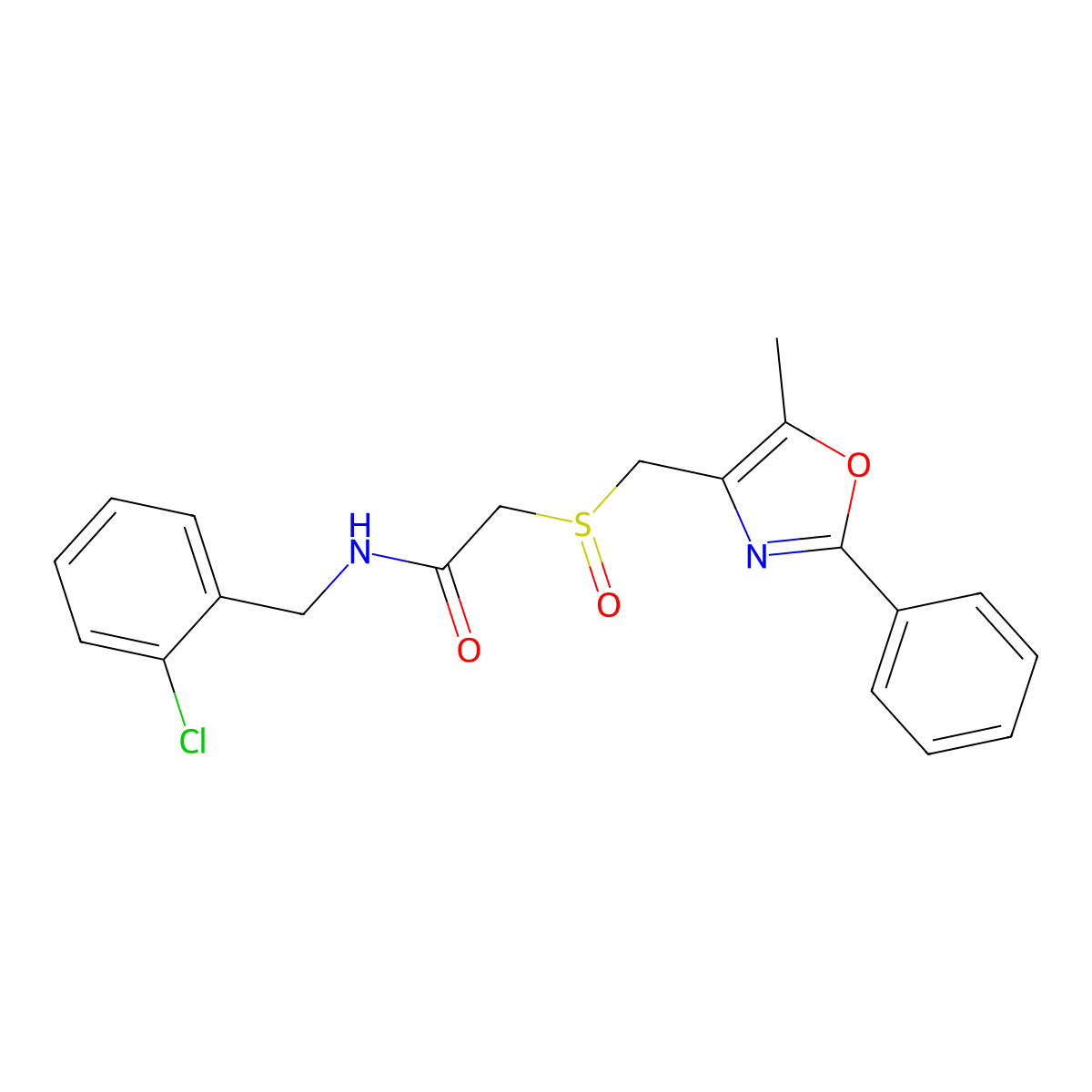 N-(2-Chlorobenzyl)-2-(((5-methyl-2-phenyloxazol-4-yl)methyl)sulfinyl)acetamide molecular structure, CAS 1015859-72-9