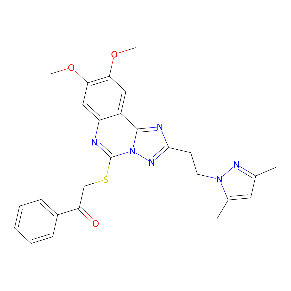 2-({2-[2-(3,5-dimethyl-1H-pyrazol-1-yl)ethyl]-8,9-dimethoxy[1,2,4]triazolo[1,5-c]quinazolin-5-yl}thio)-1-phenylethanone molecular structure, CAS 1015860-53-3