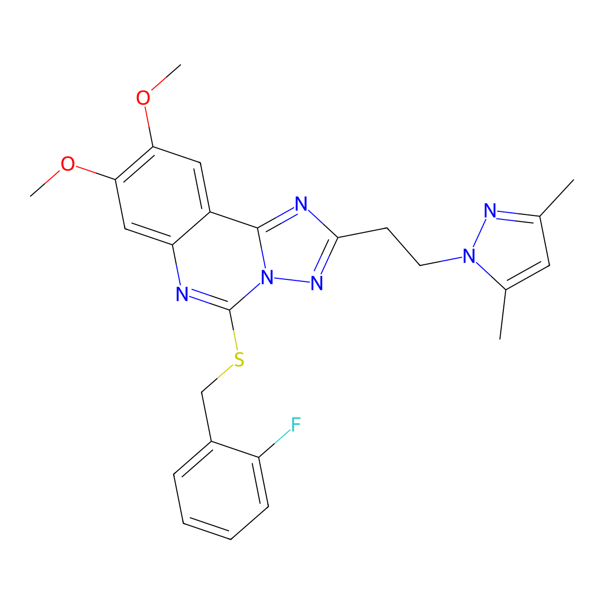 2-(2-(3,5-dimethyl-1H-pyrazol-1-yl)ethyl)-5-((2-fluorobenzyl)thio)-8,9-dimethoxy-[1,2,4]triazolo[1,5-c]quinazoline molecular structure, CAS 1015860-59-9