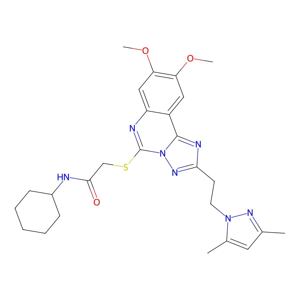 N-cyclohexyl-2-({2-[2-(3,5-dimethyl-1H-pyrazol-1-yl)ethyl]-8,9-dimethoxy-[1,2,4]triazolo[1,5-c]quinazolin-5-yl}sulfanyl)acetamide molecular structure, CAS 1015860-61-3