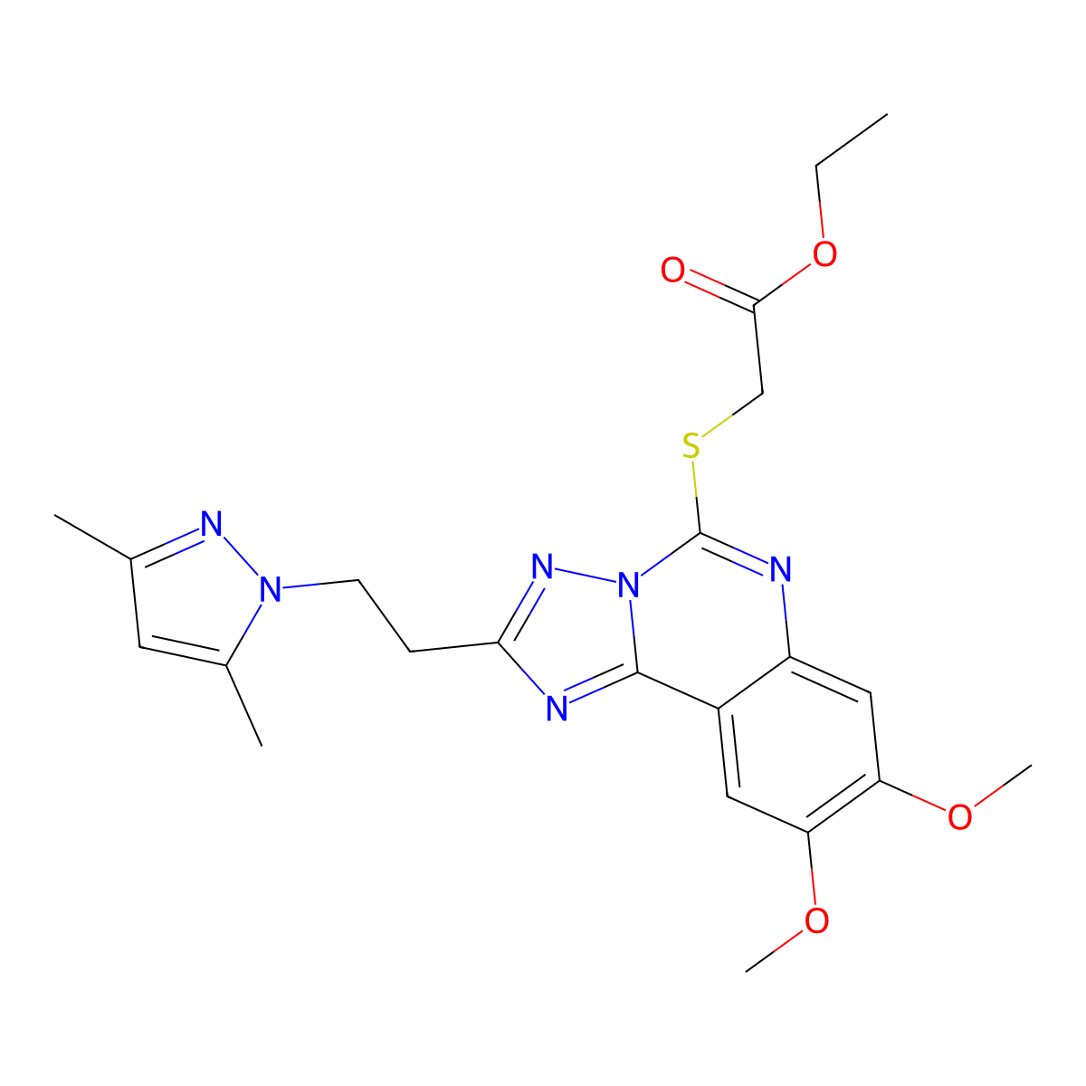 ethyl ({2-[2-(3,5-dimethyl-1H-pyrazol-1-yl)ethyl]-8,9-dimethoxy[1,2,4]triazolo[1,5-c]quinazolin-5-yl}thio)acetate molecular structure, CAS 1015860-65-7
