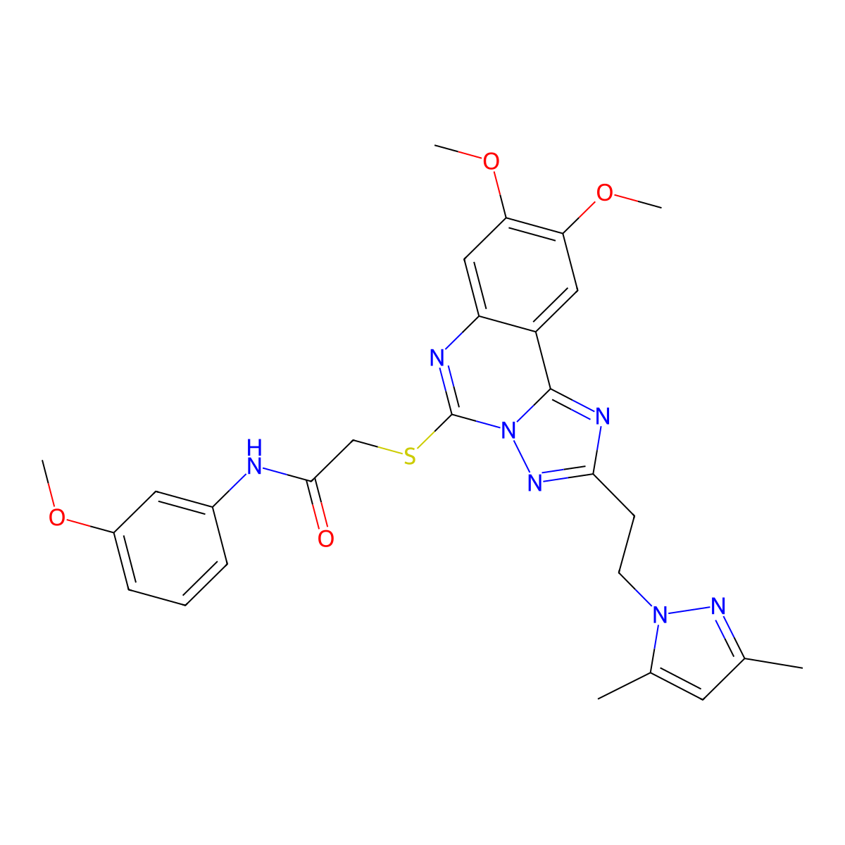 2-((2-(2-(3,5-dimethyl-1H-pyrazol-1-yl)ethyl)-8,9-dimethoxy-[1,2,4]triazolo[1,5-c]quinazolin-5-yl)thio)-N-(3-methoxyphenyl)acetamide molecular structure, CAS 1015860-70-4