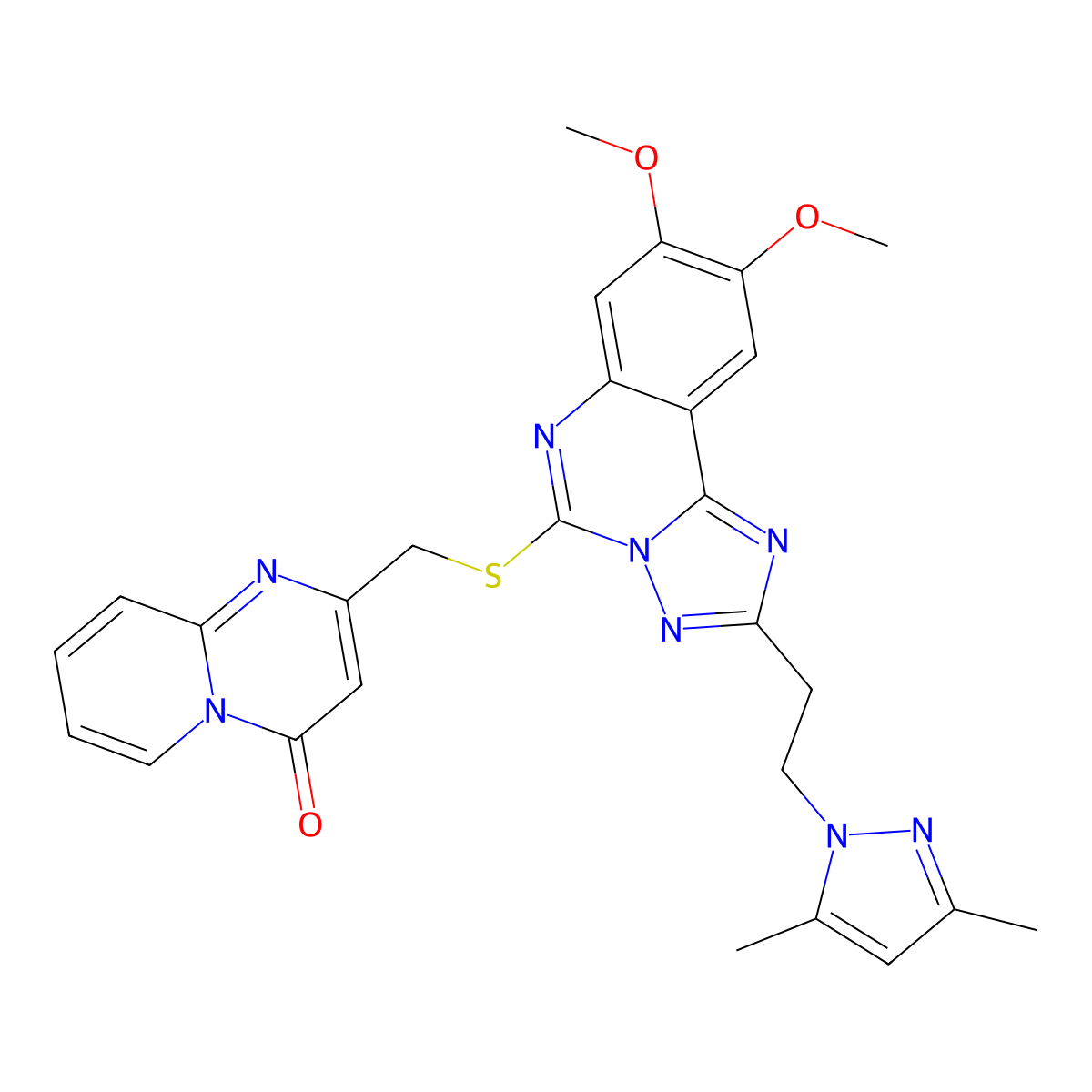 2-[({2-[2-(3,5-dimethyl-1H-pyrazol-1-yl)ethyl]-8,9-dimethoxy[1,2,4]triazolo[1,5-c]quinazolin-5-yl}thio)methyl]-4H-pyrido[1,2-a]pyrimidin-4-one molecular structure, CAS 1015860-72-6