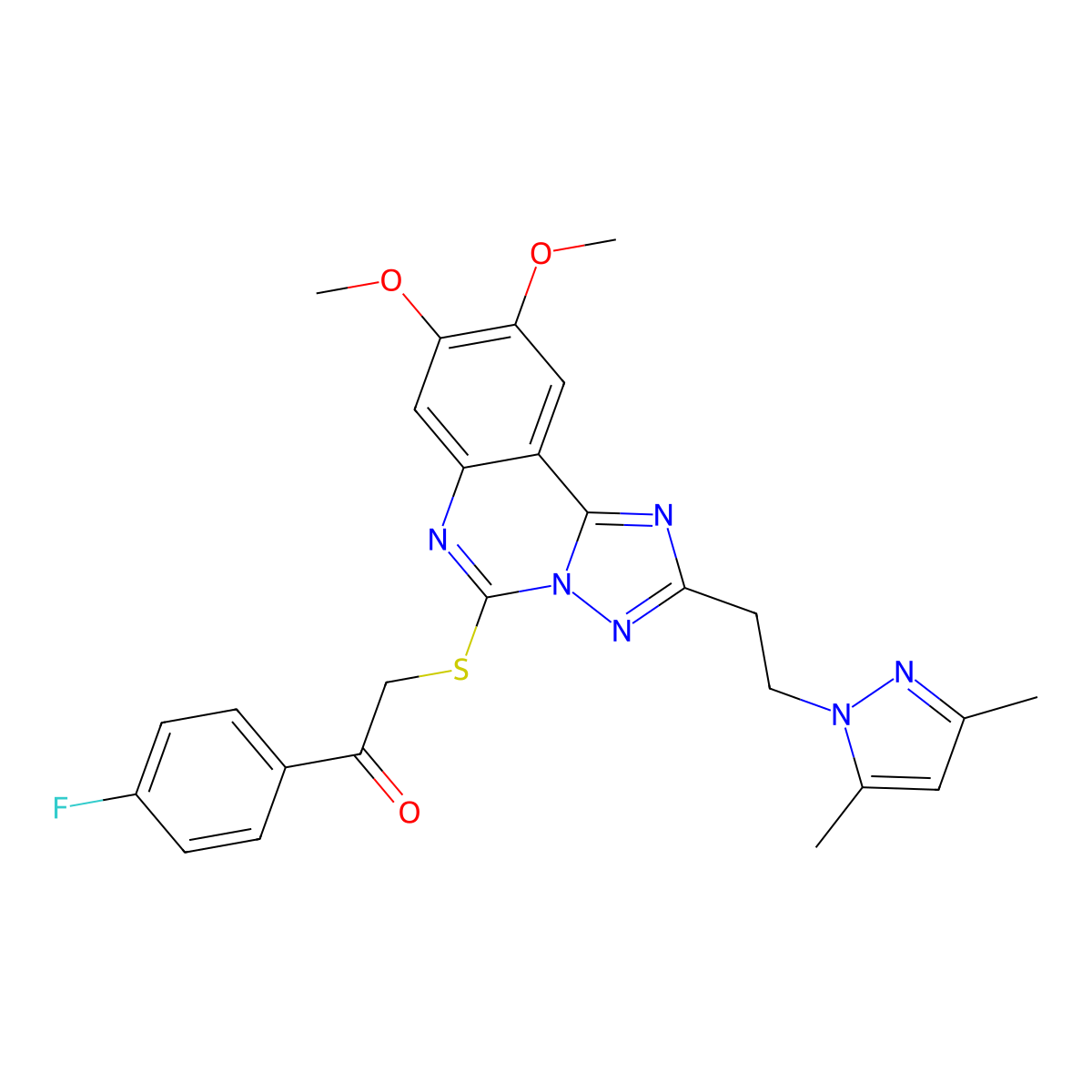 2-((2-(2-(3,5-dimethyl-1H-pyrazol-1-yl)ethyl)-8,9-dimethoxy-[1,2,4]triazolo[1,5-c]quinazolin-5-yl)thio)-1-(4-fluorophenyl)ethanone molecular structure, CAS 1015860-75-9