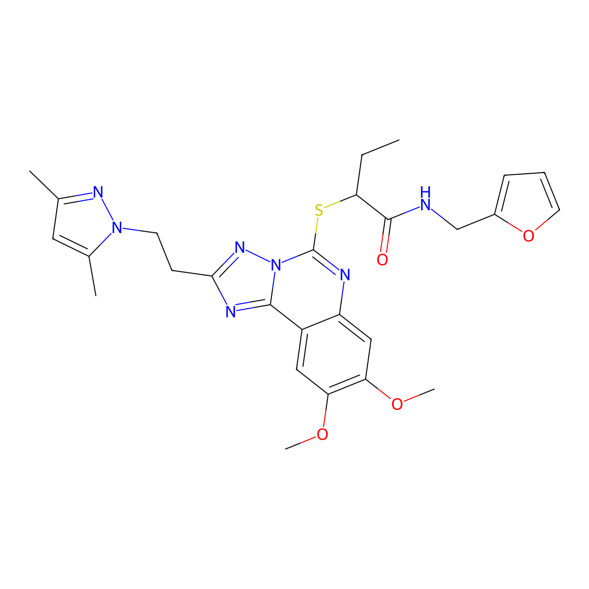 2-({2-[2-(3,5-dimethyl-1H-pyrazol-1-yl)ethyl]-8,9-dimethoxy-[1,2,4]triazolo[1,5-c]quinazolin-5-yl}sulfanyl)-N-[(furan-2-yl)methyl]butanamide molecular structure, CAS 1015860-77-1
