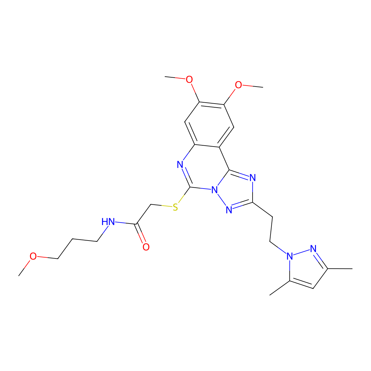2-((2-(2-(3,5-dimethyl-1H-pyrazol-1-yl)ethyl)-8,9-dimethoxy-[1,2,4]triazolo[1,5-c]quinazolin-5-yl)thio)-N-(3-methoxypropyl)acetamide molecular structure, CAS 1015860-80-6