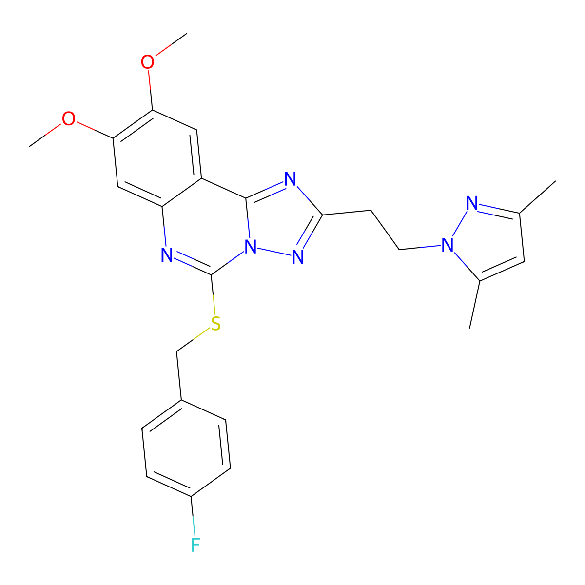 2-(2-(3,5-dimethyl-1H-pyrazol-1-yl)ethyl)-5-((4-fluorobenzyl)thio)-8,9-dimethoxy-[1,2,4]triazolo[1,5-c]quinazoline molecular structure, CAS 1015860-85-1