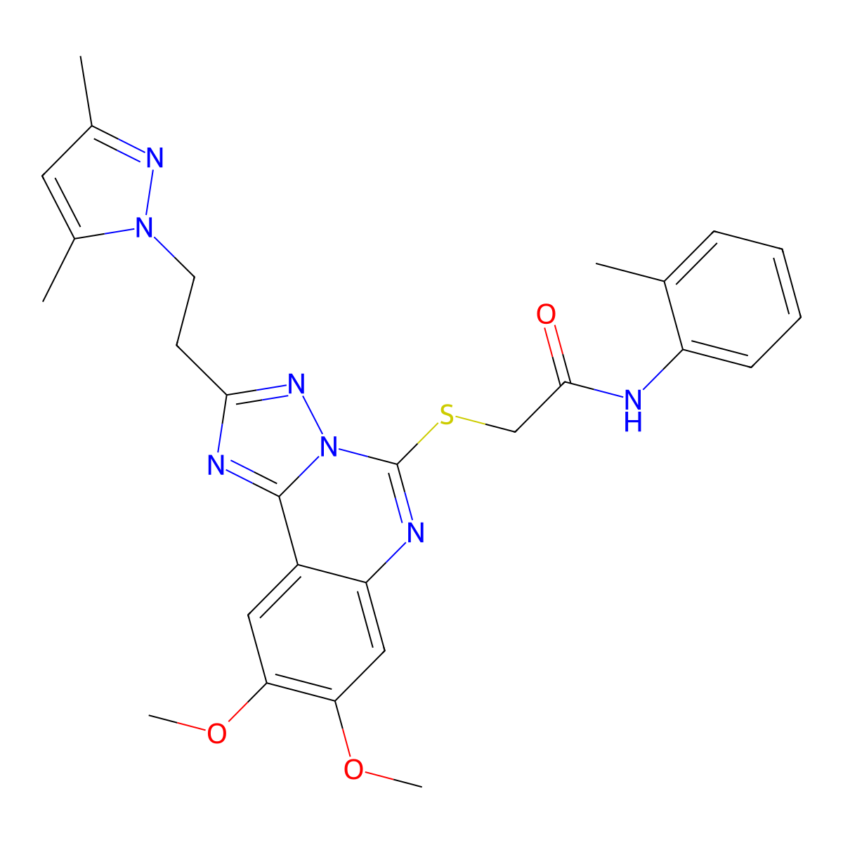 2-({2-[2-(3,5-dimethyl-1H-pyrazol-1-yl)ethyl]-8,9-dimethoxy-[1,2,4]triazolo[1,5-c]quinazolin-5-yl}sulfanyl)-N-(2-methylphenyl)acetamide molecular structure, CAS 1015860-86-2