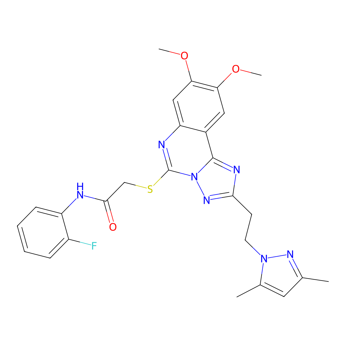 2-((2-(2-(3,5-dimethyl-1H-pyrazol-1-yl)ethyl)-8,9-dimethoxy-[1,2,4]triazolo[1,5-c]quinazolin-5-yl)thio)-N-(2-fluorophenyl)acetamide molecular structure, CAS 1015860-91-9