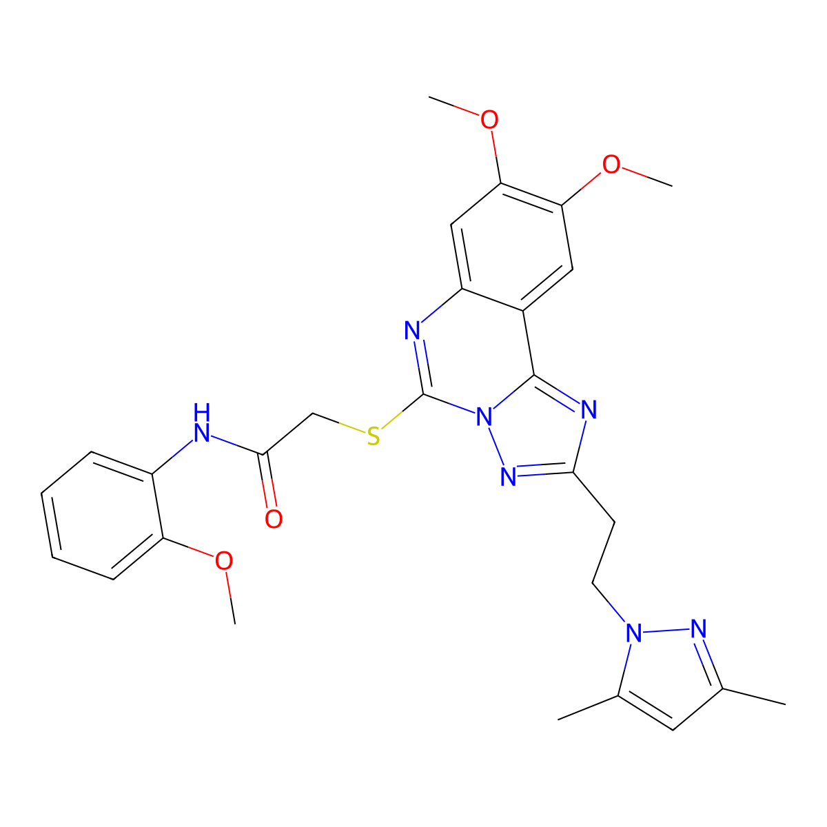 2-((2-(2-(3,5-dimethyl-1H-pyrazol-1-yl)ethyl)-8,9-dimethoxy-[1,2,4]triazolo[1,5-c]quinazolin-5-yl)thio)-N-(2-methoxyphenyl)acetamide molecular structure, CAS 1015860-94-2
