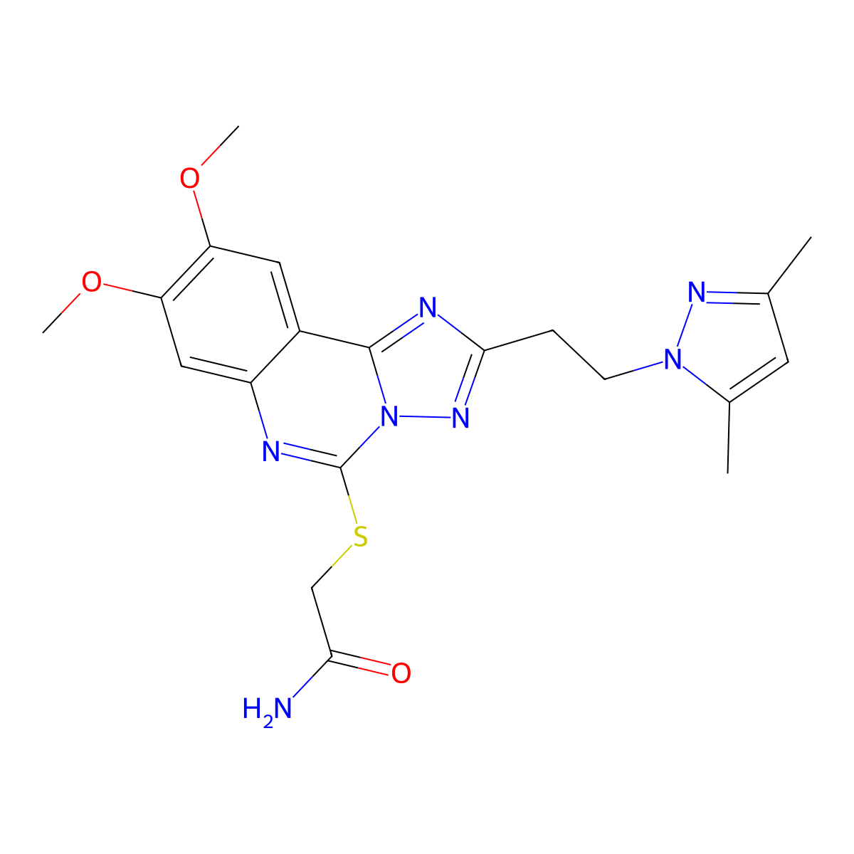 2-((2-(2-(3,5-dimethyl-1H-pyrazol-1-yl)ethyl)-8,9-dimethoxy-[1,2,4]triazolo[1,5-c]quinazolin-5-yl)thio)acetamide molecular structure, CAS 1015860-98-6