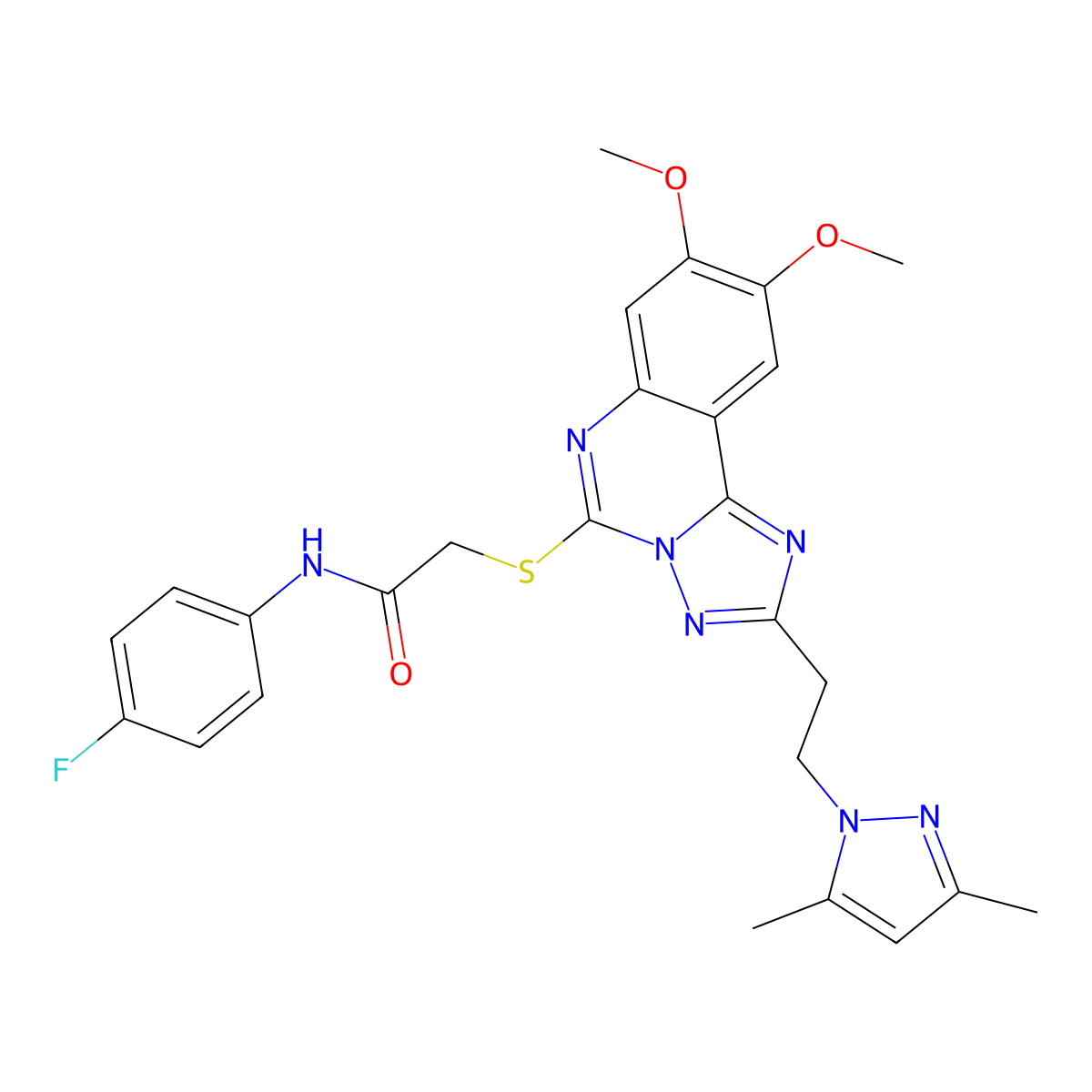 2-((2-(2-(3,5-dimethyl-1H-pyrazol-1-yl)ethyl)-8,9-dimethoxy-[1,2,4]triazolo[1,5-c]quinazolin-5-yl)thio)-N-(4-fluorophenyl)acetamide molecular structure, CAS 1015861-01-4