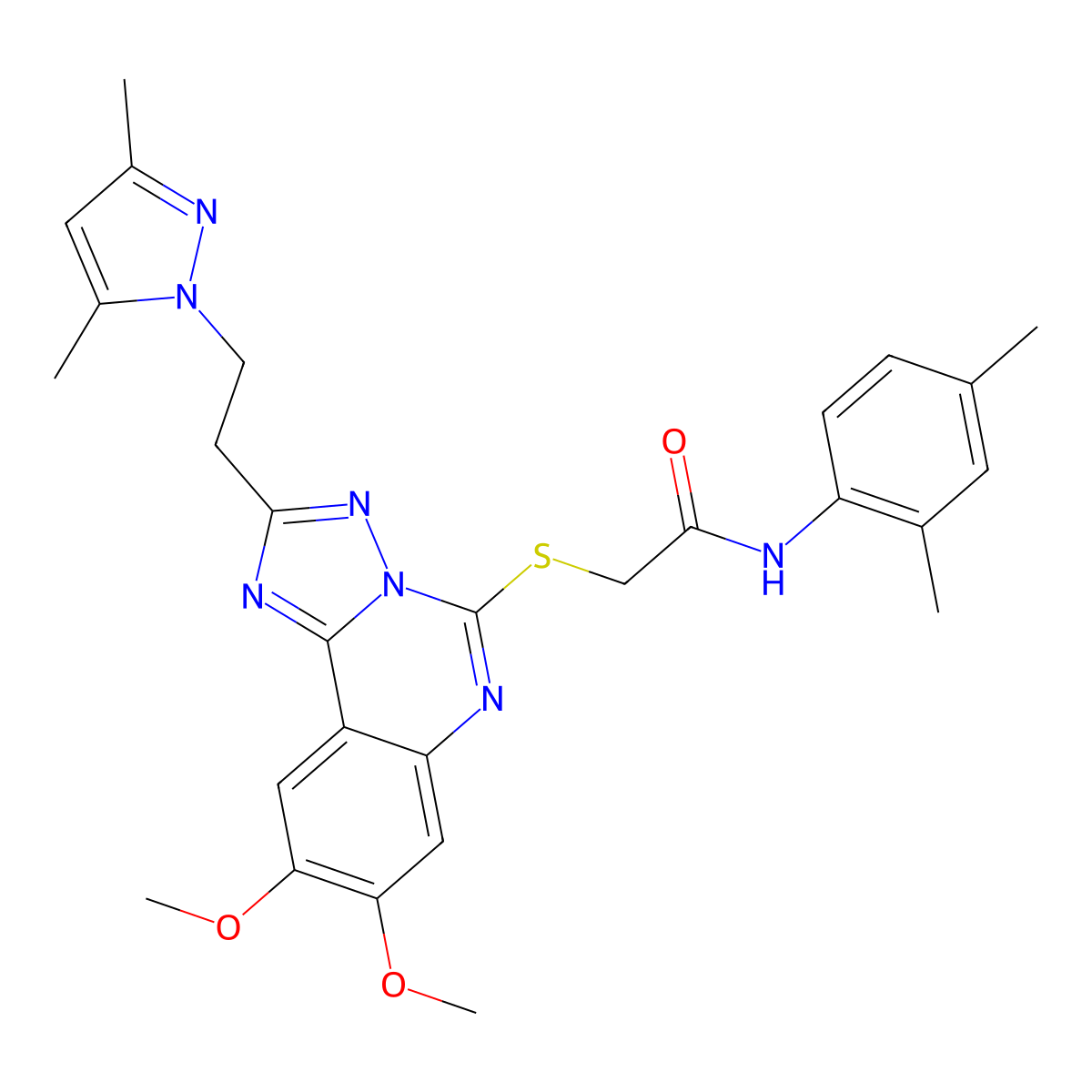 2-((2-(2-(3,5-dimethyl-1H-pyrazol-1-yl)ethyl)-8,9-dimethoxy-[1,2,4]triazolo[1,5-c]quinazolin-5-yl)thio)-N-(2,4-dimethylphenyl)acetamide molecular structure, CAS 1015861-04-7