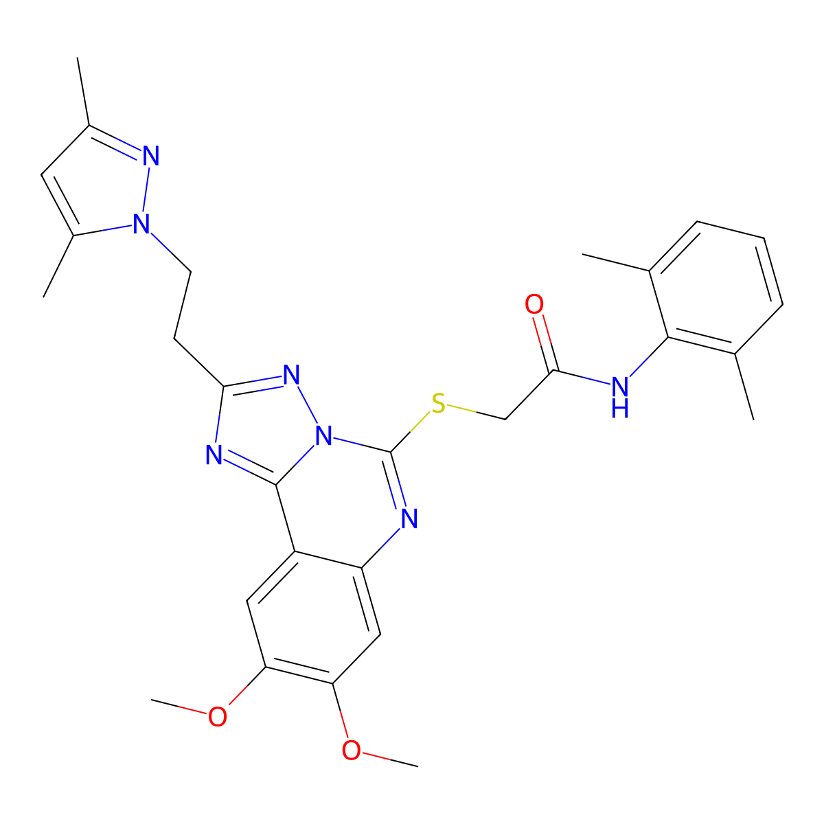 2-({2-[2-(3,5-dimethyl-1H-pyrazol-1-yl)ethyl]-8,9-dimethoxy-[1,2,4]triazolo[1,5-c]quinazolin-5-yl}sulfanyl)-N-(2,6-dimethylphenyl)acetamide molecular structure, CAS 1015861-07-0