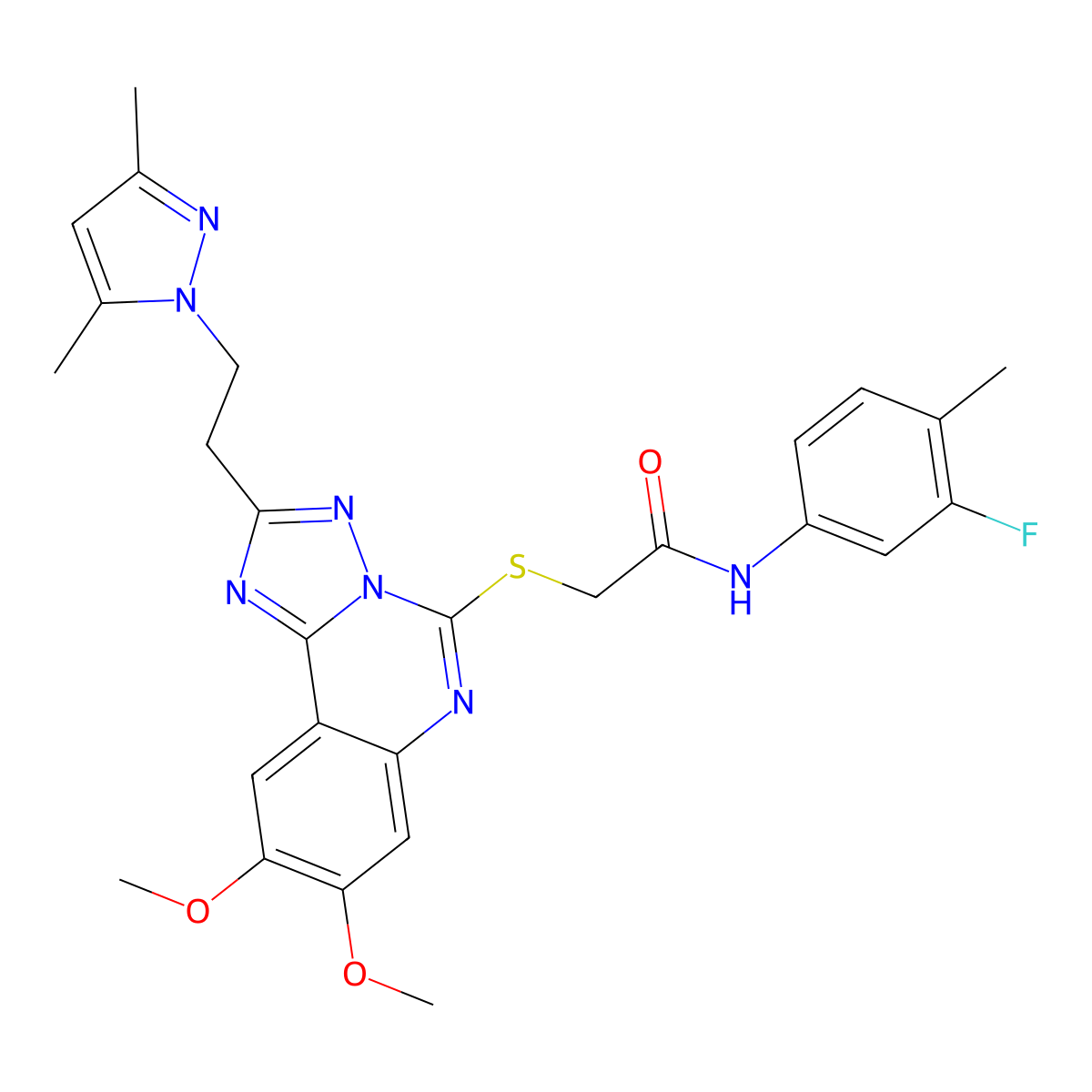 2-((2-(2-(3,5-dimethyl-1H-pyrazol-1-yl)ethyl)-8,9-dimethoxy-[1,2,4]triazolo[1,5-c]quinazolin-5-yl)thio)-N-(3-fluoro-4-methylphenyl)acetamide molecular structure, CAS 1015861-11-6