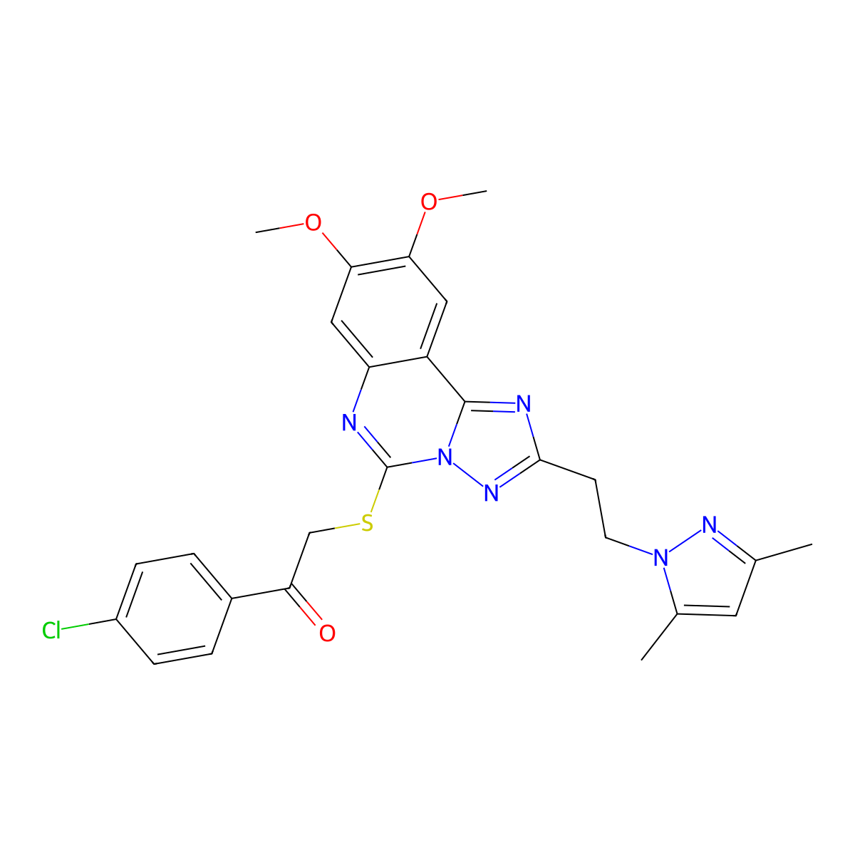 1-(4-chlorophenyl)-2-((2-(2-(3,5-dimethyl-1H-pyrazol-1-yl)ethyl)-8,9-dimethoxy-[1,2,4]triazolo[1,5-c]quinazolin-5-yl)thio)ethanone molecular structure, CAS 1015861-18-3