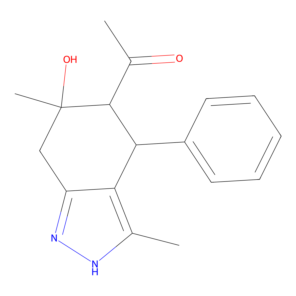 1-(6-hydroxy-3,6-dimethyl-4-phenyl-4,5,6,7-tetrahydro-2H-indazol-5-yl)ethanone molecular structure, CAS 101587-85-3