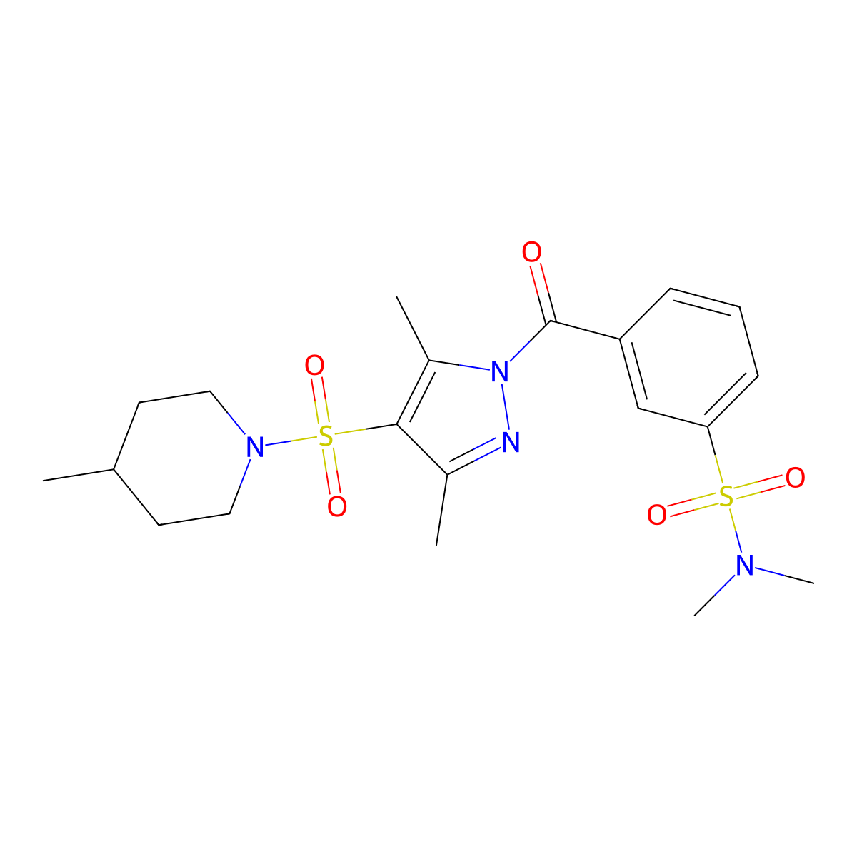 3-(3,5-dimethyl-4-((4-methylpiperidin-1-yl)sulfonyl)-1H-pyrazole-1-carbonyl)-N,N-dimethylbenzenesulfonamide molecular structure, CAS 1015875-89-4