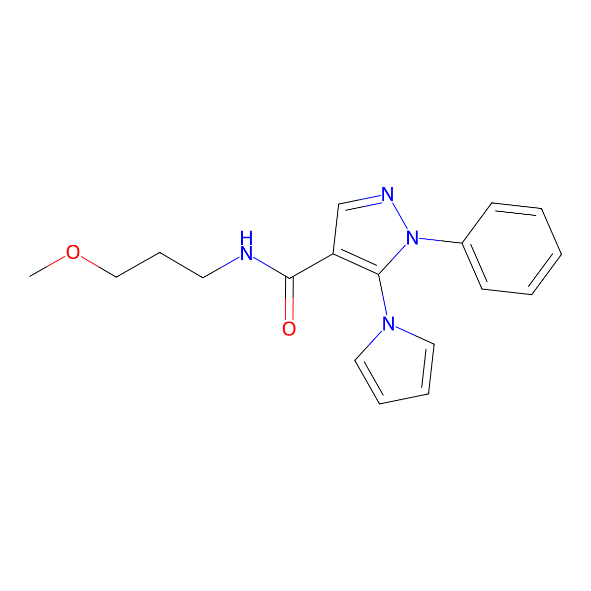 N-(3-methoxypropyl)-1-phenyl-5-(1H-pyrrol-1-yl)-1H-pyrazole-4-carboxamide molecular structure, CAS 1015878-50-8