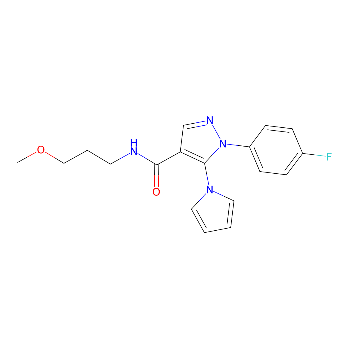 1-(4-fluorophenyl)-N-(3-methoxypropyl)-5-(1H-pyrrol-1-yl)-1H-pyrazole-4-carboxamide molecular structure, CAS 1015879-97-6