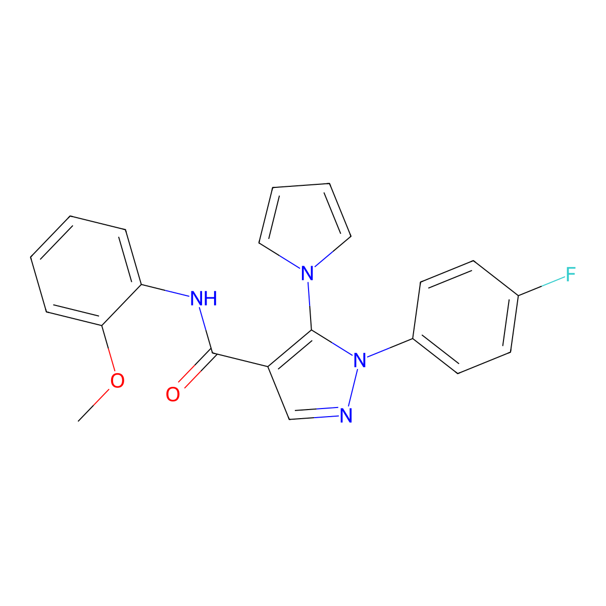 1-(4-fluorophenyl)-N-(2-methoxyphenyl)-5-(1H-pyrrol-1-yl)-1H-pyrazole-4-carboxamide molecular structure, CAS 1015880-21-3