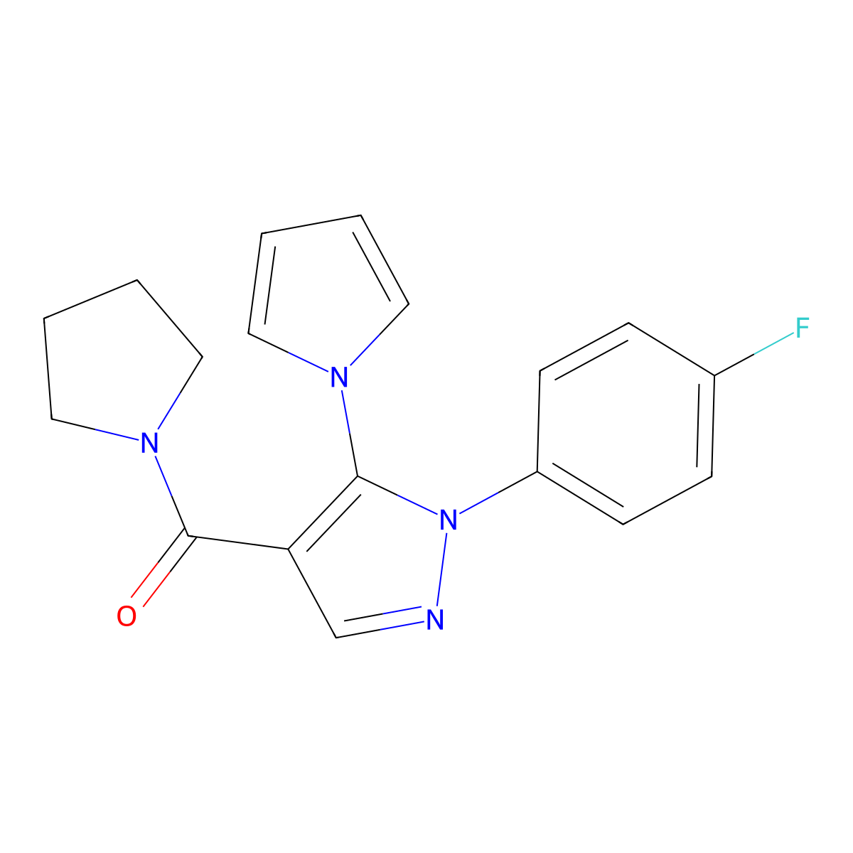 1-(4-fluorophenyl)-4-(pyrrolidin-1-ylcarbonyl)-5-(1H-pyrrol-1-yl)-1H-pyrazole molecular structure, CAS 1015881-64-7