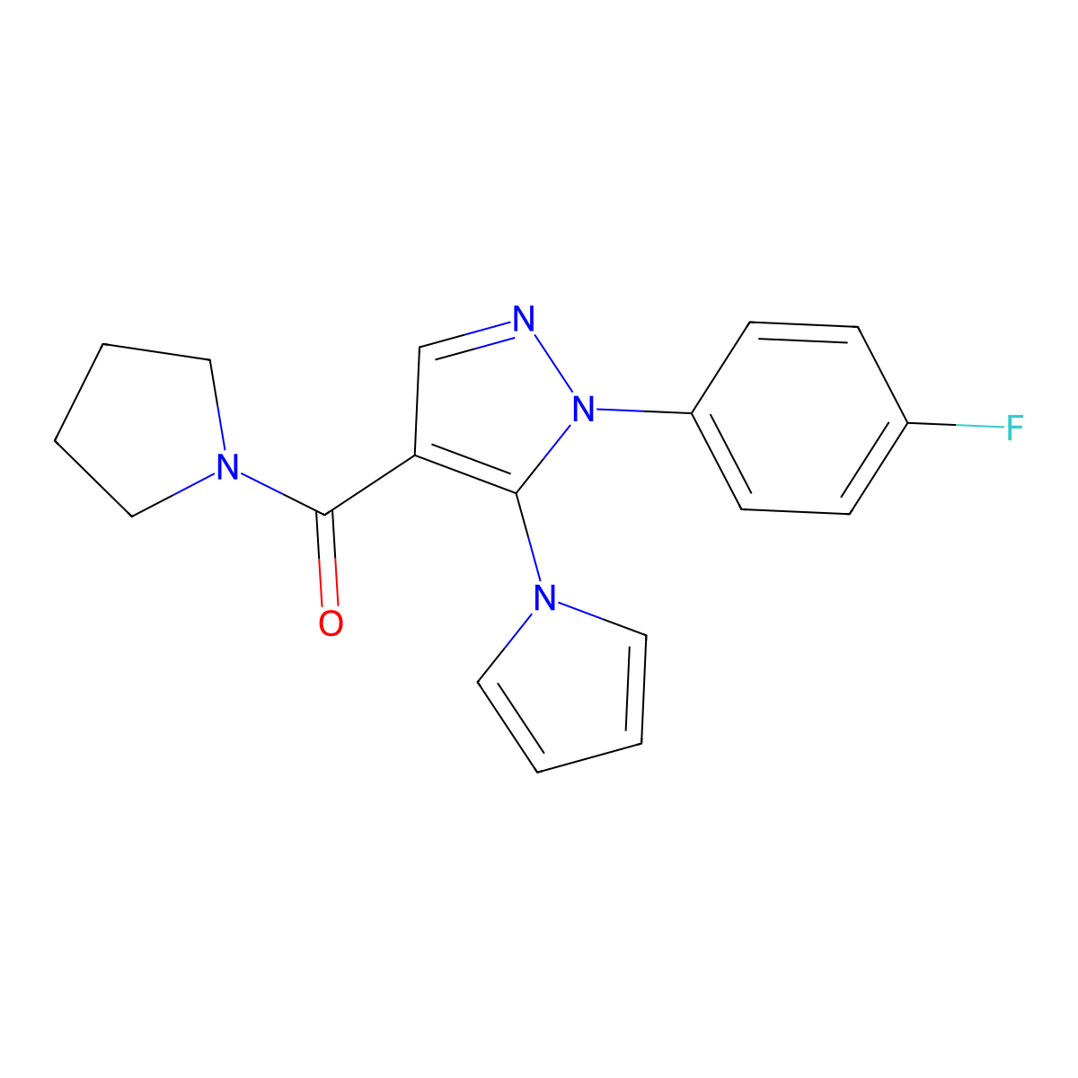 1-(4-fluorophenyl)-4-(pyrrolidin-1-ylcarbonyl)-5-(1H-pyrrol-1-yl)-1H-pyrazole molecular structure, CAS 1015881-64-7