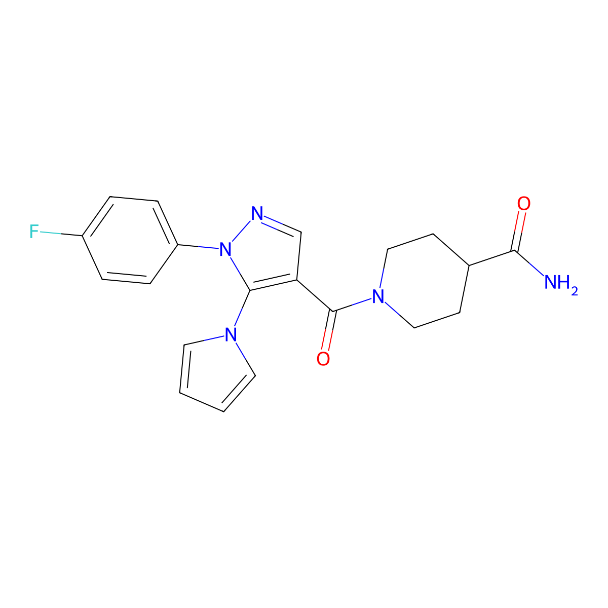 1-{[1-(4-fluorophenyl)-5-(1H-pyrrol-1-yl)-1H-pyrazol-4-yl]carbonyl}piperidine-4-carboxamide molecular structure, CAS 1015882-49-1
