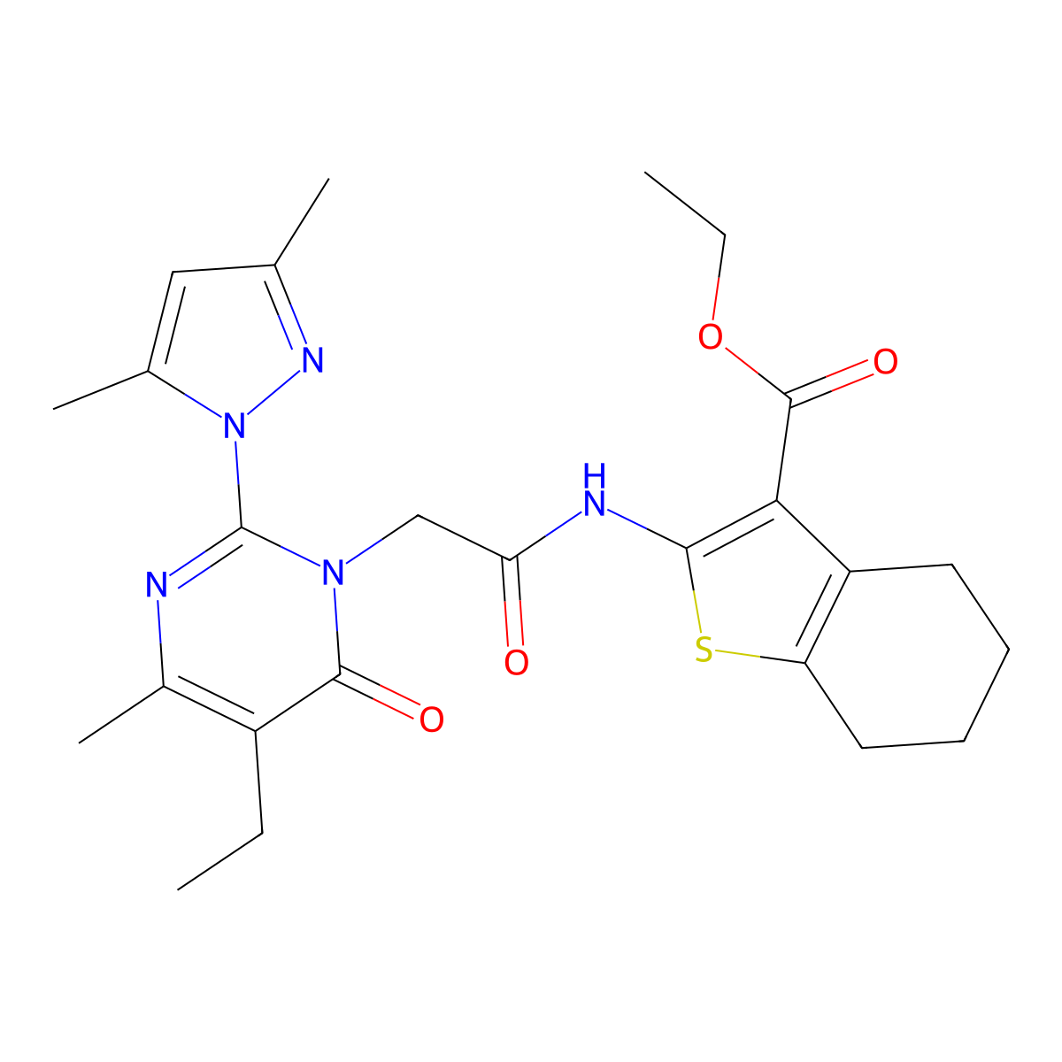 ethyl 2-(2-(2-(3,5-dimethyl-1H-pyrazol-1-yl)-5-ethyl-4-methyl-6-oxopyrimidin-1(6H)-yl)acetamido)-4,5,6,7-tetrahydrobenzo[b]thiophene-3-carboxylate molecular structure, CAS 1015888-94-4
