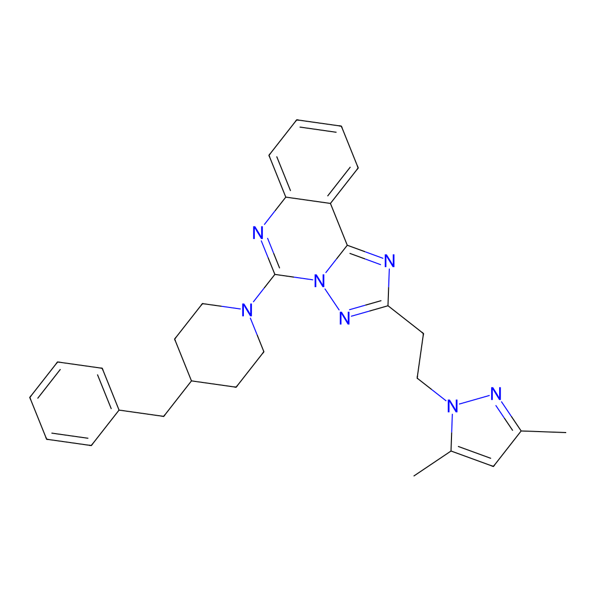 4-benzyl-1-{2-[2-(3,5-dimethyl-1H-pyrazol-1-yl)ethyl]-[1,2,4]triazolo[1,5-c]quinazolin-5-yl}piperidine molecular structure, CAS 1015891-58-3