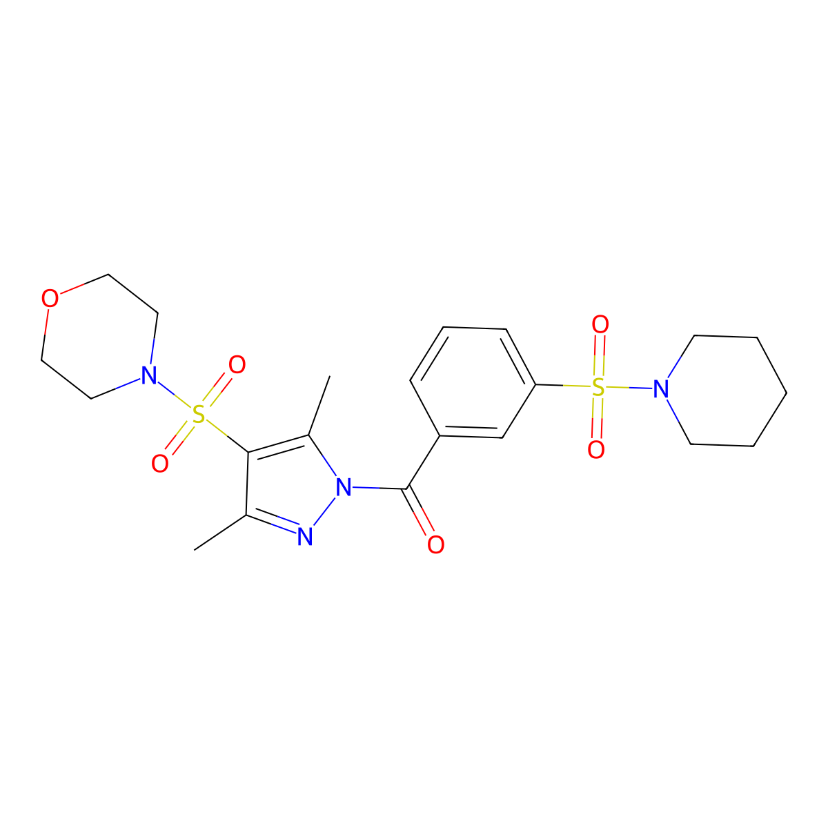4-({3,5-dimethyl-1-[3-(piperidine-1-sulfonyl)benzoyl]-1H-pyrazol-4-yl}sulfonyl)morpholine molecular structure, CAS 1015896-05-5