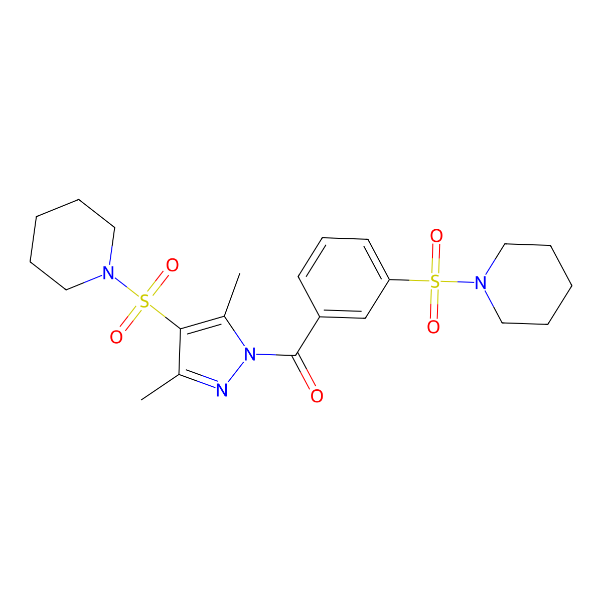 1-({3,5-dimethyl-1-[3-(piperidine-1-sulfonyl)benzoyl]-1H-pyrazol-4-yl}sulfonyl)piperidine molecular structure, CAS 1015896-15-7
