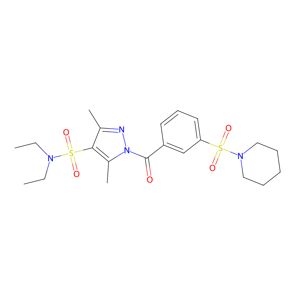N,N-diethyl-3,5-dimethyl-1-(3-(piperidin-1-ylsulfonyl)benzoyl)-1H-pyrazole-4-sulfonamide molecular structure, CAS 1015896-20-4