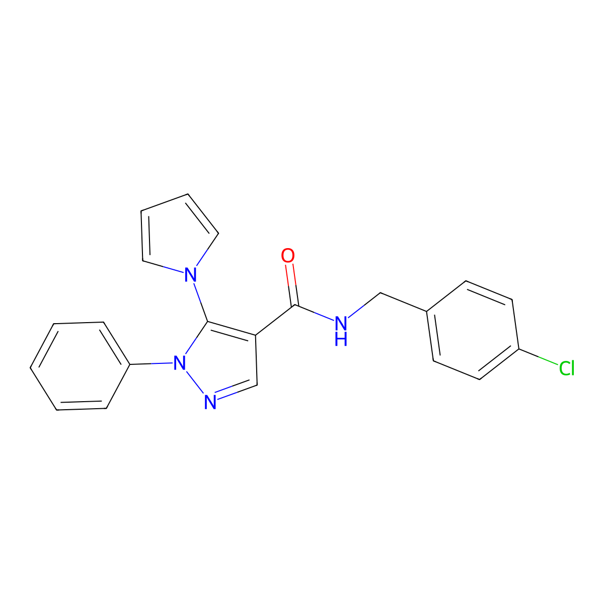 N-(4-chlorobenzyl)-1-phenyl-5-(1H-pyrrol-1-yl)-1H-pyrazole-4-carboxamide molecular structure, CAS 1015897-70-7