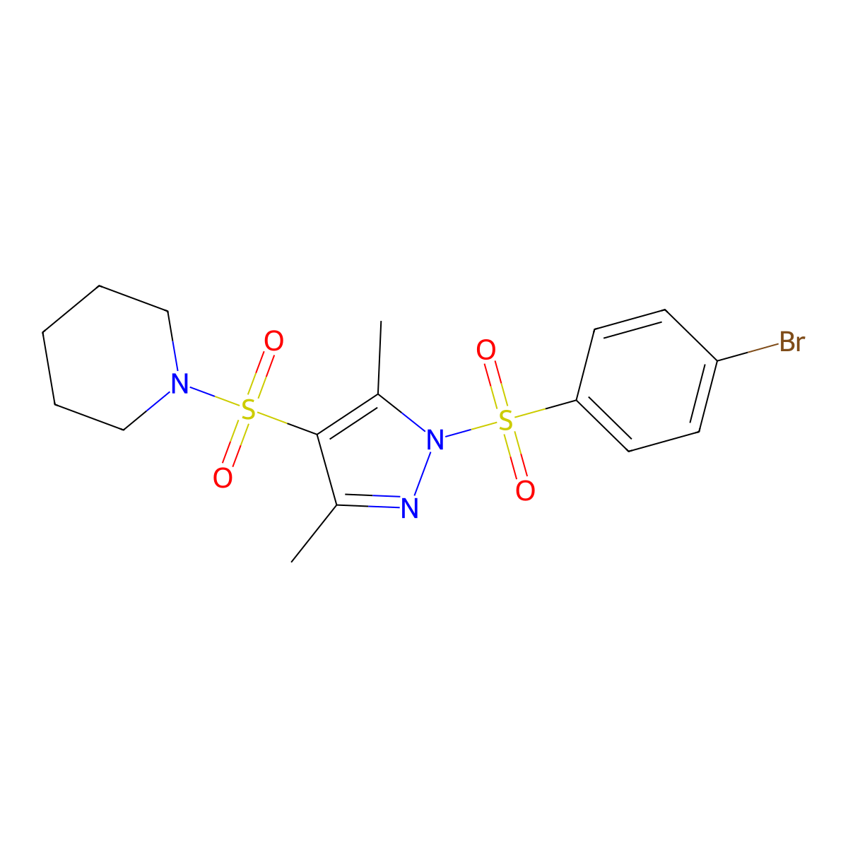 1-((1-((4-bromophenyl)sulfonyl)-3,5-dimethyl-1H-pyrazol-4-yl)sulfonyl)piperidine molecular structure, CAS 1015897-83-2