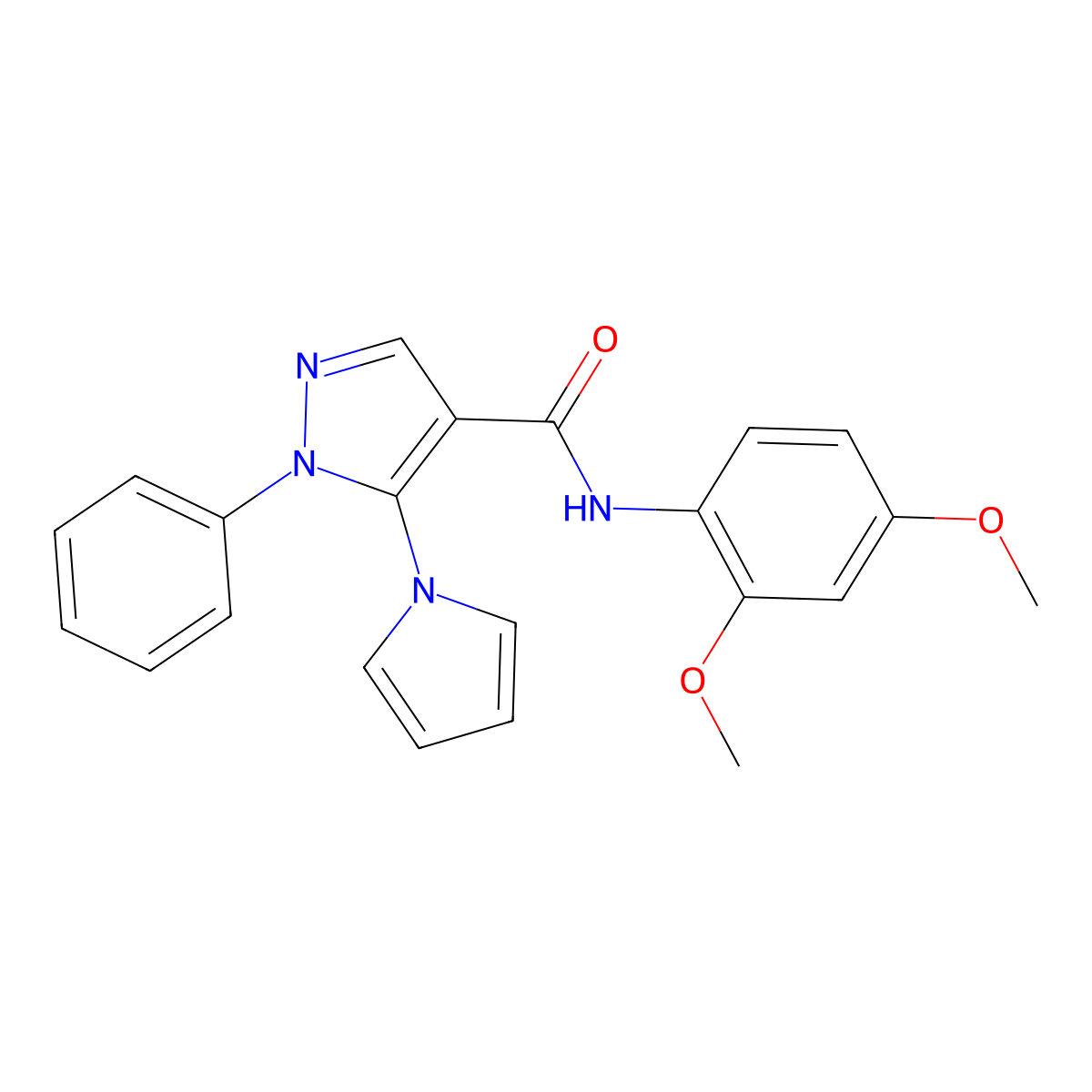 N-(2,4-dimethoxyphenyl)-1-phenyl-5-(1H-pyrrol-1-yl)-1H-pyrazole-4-carboxamide molecular structure, CAS 1015897-90-1