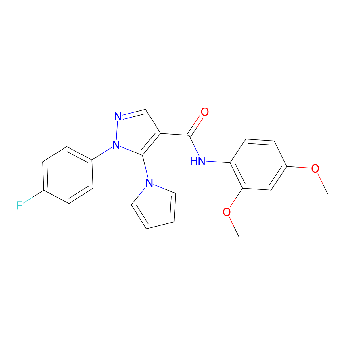 N-(2,4-dimethoxyphenyl)-1-(4-fluorophenyl)-5-(1H-pyrrol-1-yl)-1H-pyrazole-4-carboxamide molecular structure, CAS 1015898-13-1