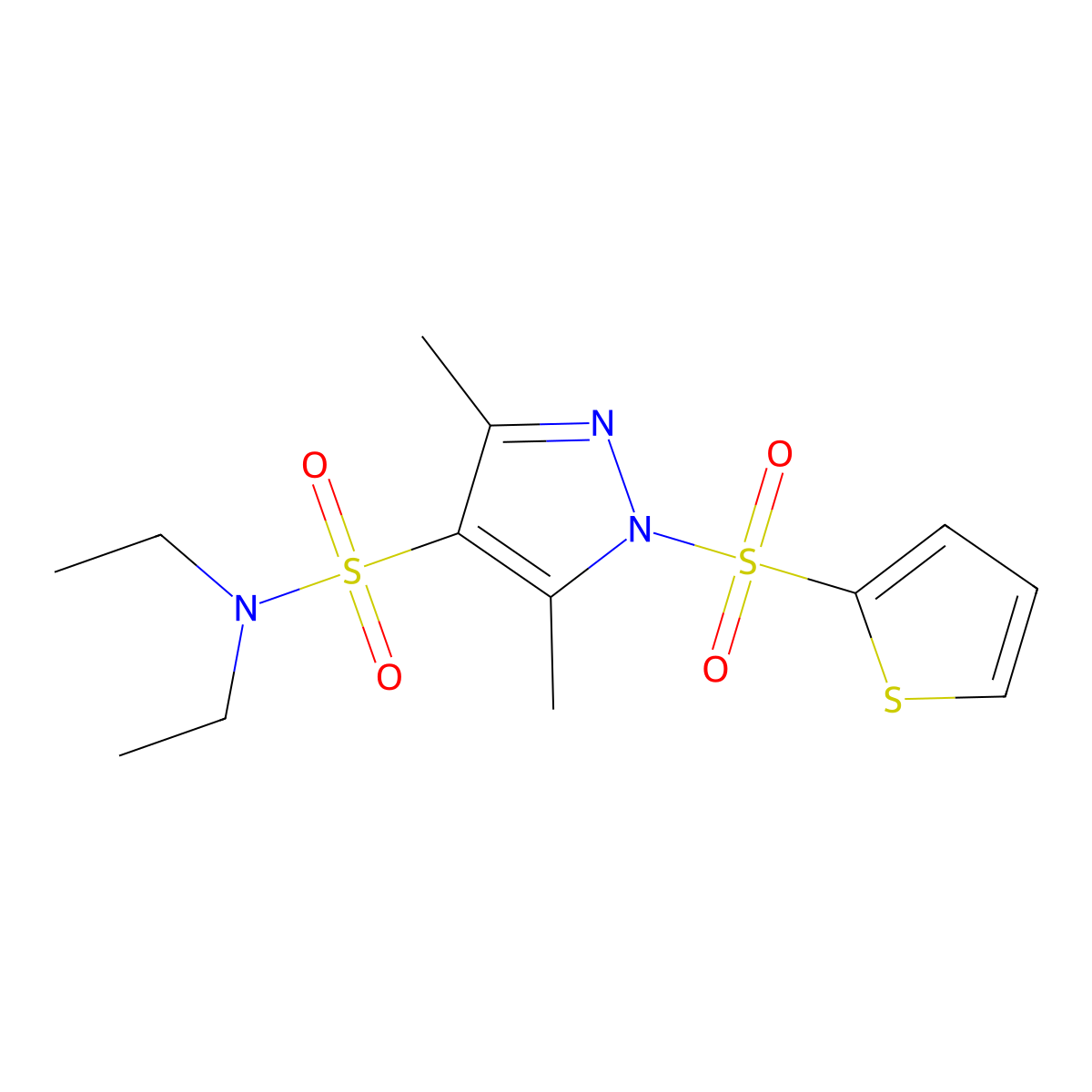 N,N-diethyl-3,5-dimethyl-1-(thiophen-2-ylsulfonyl)-1H-pyrazole-4-sulfonamide molecular structure, CAS 1015898-70-0