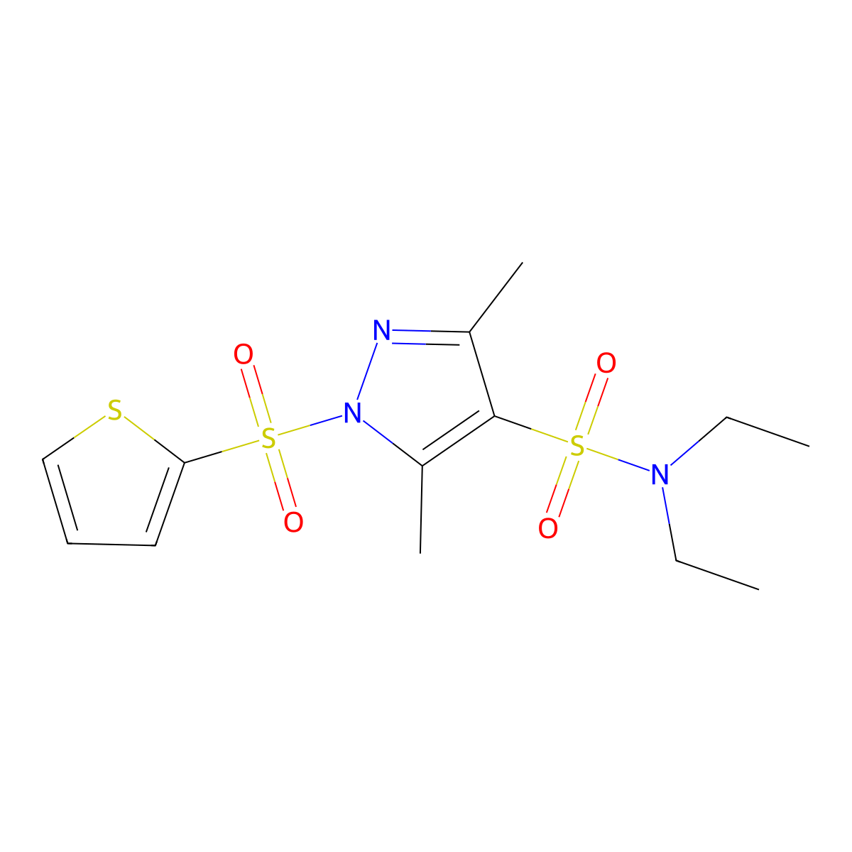 N,N-diethyl-3,5-dimethyl-1-(thiophen-2-ylsulfonyl)-1H-pyrazole-4-sulfonamide molecular structure, CAS 1015898-70-0