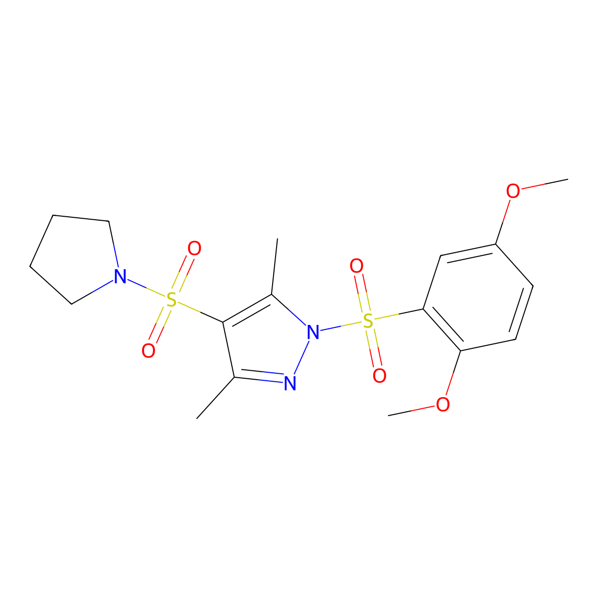 1-((2,5-dimethoxyphenyl)sulfonyl)-3,5-dimethyl-4-(pyrrolidin-1-ylsulfonyl)-1H-pyrazole molecular structure, CAS 1015898-83-5