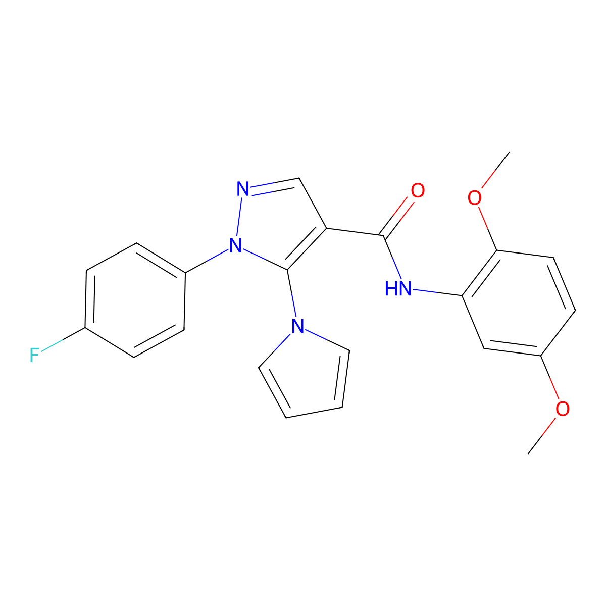 N-(2,5-dimethoxyphenyl)-1-(4-fluorophenyl)-5-(1H-pyrrol-1-yl)-1H-pyrazole-4-carboxamide molecular structure, CAS 1015898-99-3