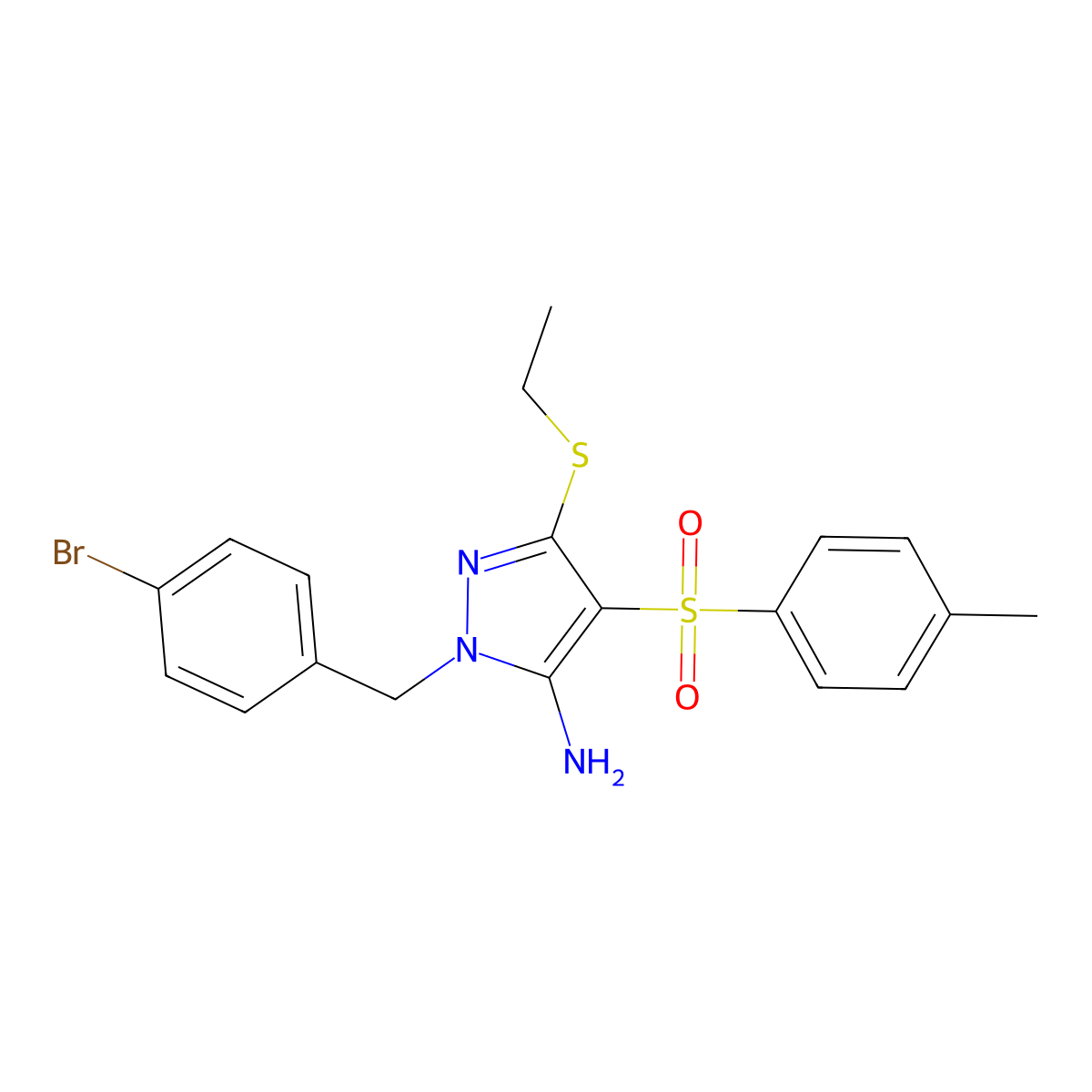 1-(4-bromobenzyl)-3-(ethylthio)-4-tosyl-1H-pyrazol-5-amine molecular structure, CAS 1015903-27-1