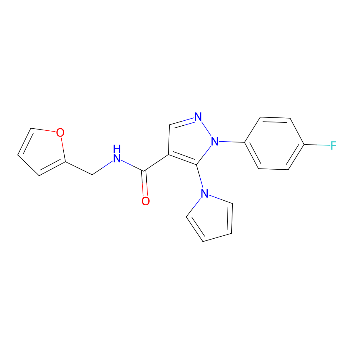 1-(4-fluorophenyl)-N-(furan-2-ylmethyl)-5-(1H-pyrrol-1-yl)-1H-pyrazole-4-carboxamide molecular structure, CAS 1015903-41-9